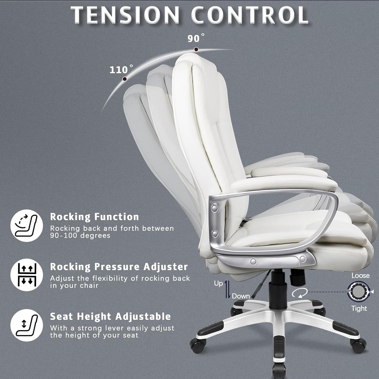 LEMBERI Office Desk Chair, Managerial Executive Chair, High Back Computer Chair, Ergonomic Height Adjustable PU Leather Chairs with Padded Armrest for Long Time Sitting (White)