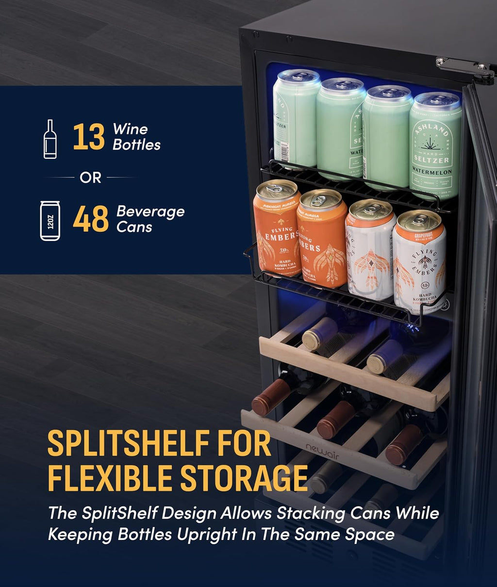 NewAir 15' Wine and Beverage Refrigerator 9 Bottle and 48 Can Capacity, Beverage Cooler in Stainless Steel, Built-in or Freestanding Dual Zone Drink Fridge with Triple-Pane Glass Door