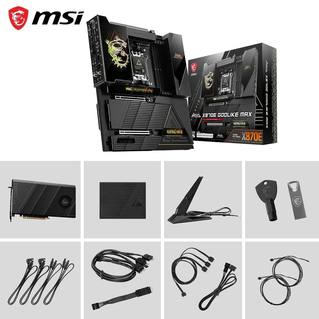 MSI MEG X870E GODLIKE MAX, E-ATX - Supports AMD Ryzen 9000/8000/7000 Processors, AM5 - Dynamic Dashboard III, EZ Slide M.2, 64MB BIOS ROM, 110A SPS, M.2 & PCIe 5.0, USB4, Wi-Fi 7, 10G + 5G LAN