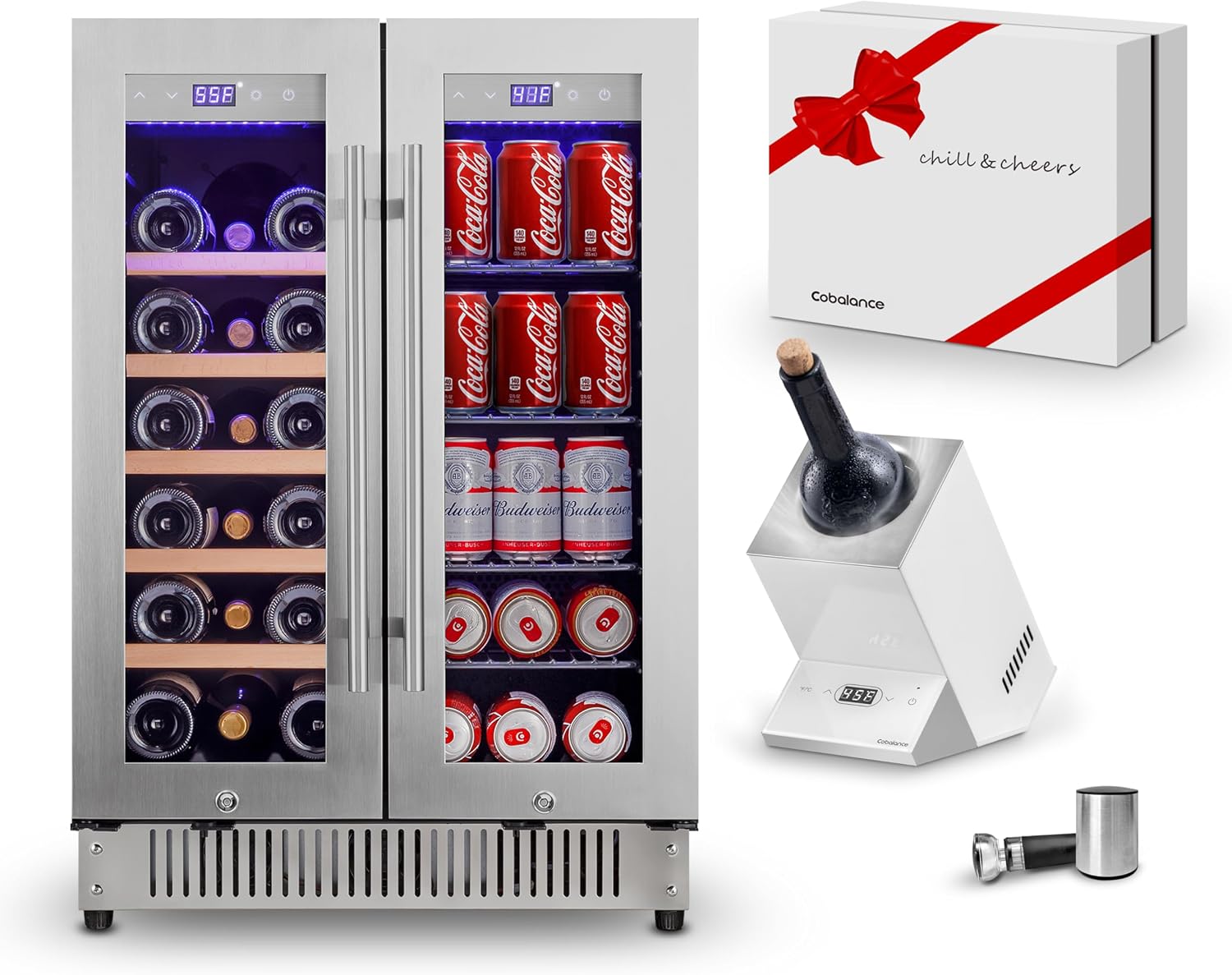 Cobalance 24 Inch Dual Zone Wine and Beverage Refrigerator-72 Cans and 20 Bottles Cooler, & Single Bottle Wine Chiller,Built-in or Freestanding Fridge for Beer, Soda, Drinks, Home,