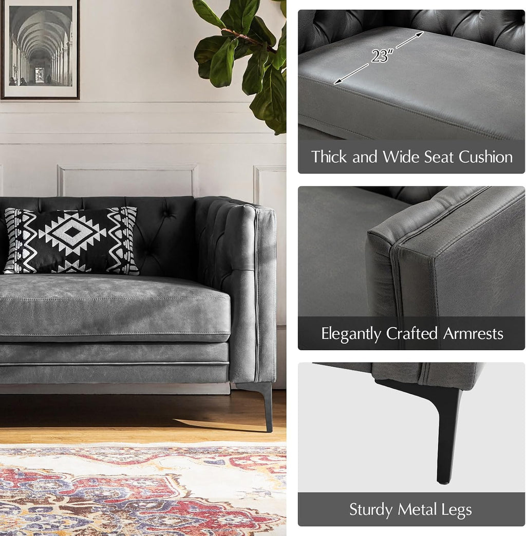 HULALA HOME 84' W Faux Leather Sofa Couch with Metal Legs, Button-Tufted 3-Seater Sofa, Mid Century Modern Contemporary Upholstered Couch for Living Room, Entertainment Area, Apartment,Grey