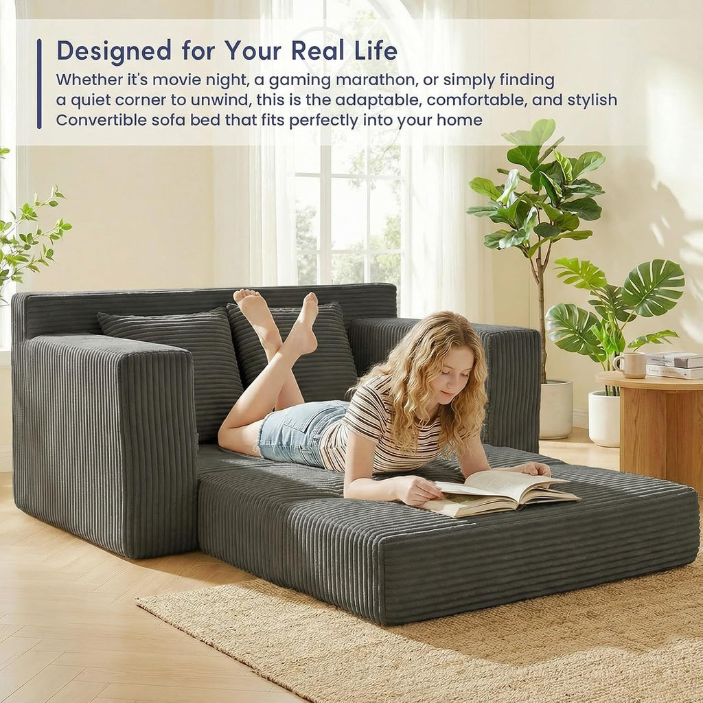 cidludto Boneless Couch Loveseat Sleeper, Convertible Sofa Bed Folding Couch Bed Foldable, 2 in 1 Boneless Chair Bed & Futon Sofa Bed, Small Pull Out Sofa with 4 Pillows for Living Room, Grey | No Assembly, Convertible, 2 in 1, Pull Out Handle, 4 Pillows