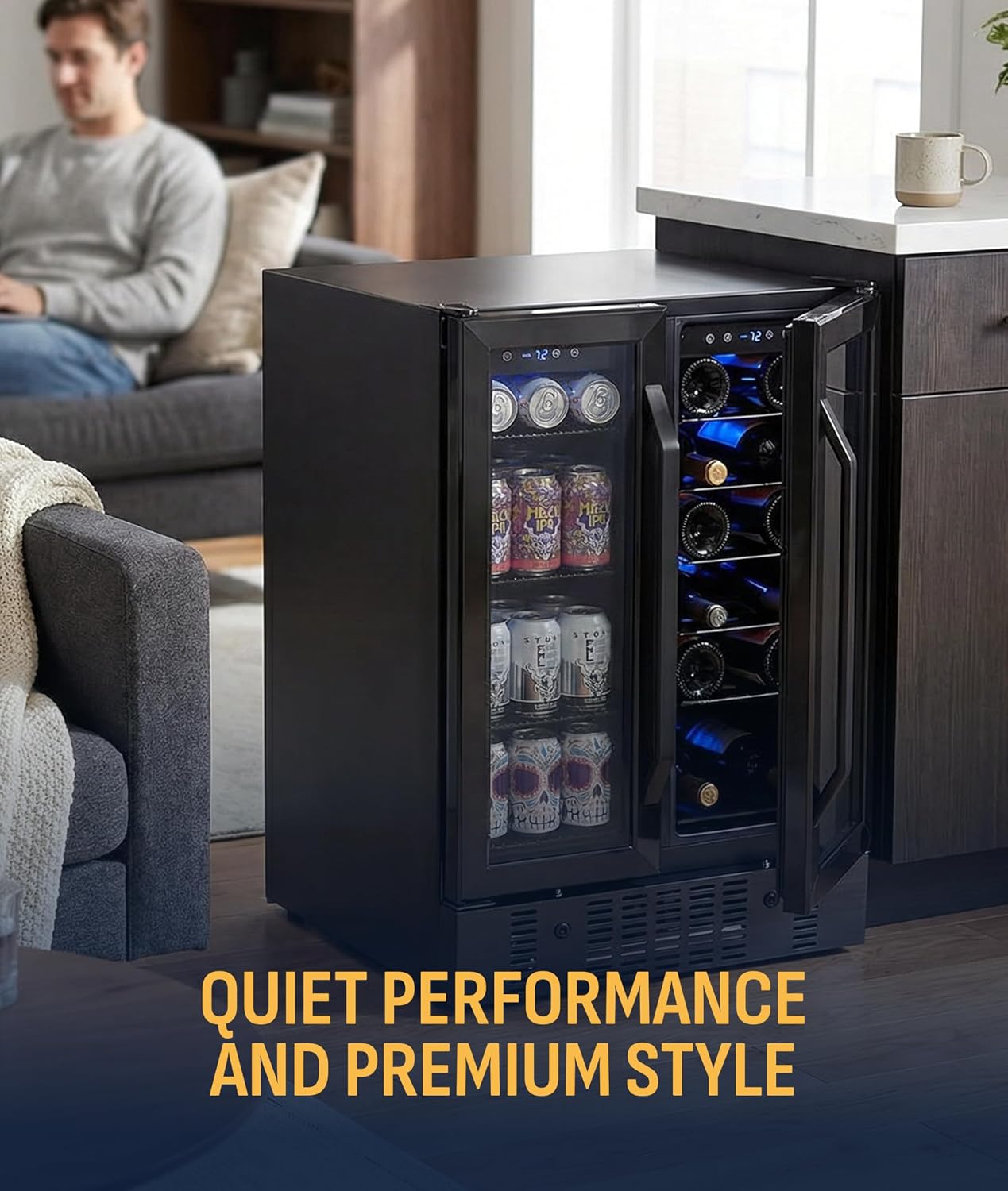 NewAir 24' Dual Zone Beverage Refrigerator & Wine Cooler for 18 Bottles & 58 Cans | Freestanding or Built-In Under Counter Mini Fridge for Beer, Wine and Soda | Black Stainless Steel