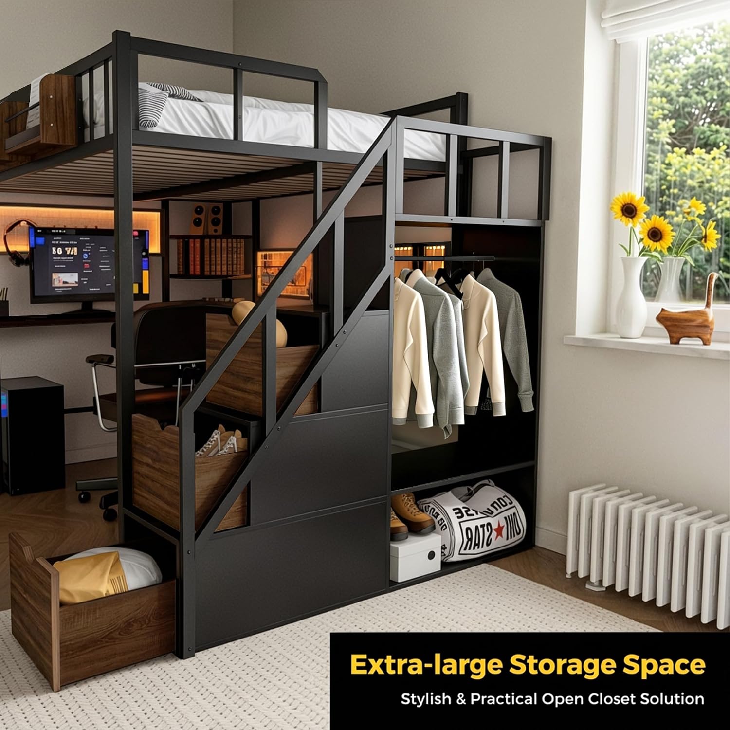 Kikihouse Twin Loft Bed with Desk, Storage Stairs & Wardrobe, Metal Loft Bed Frame w/Headboard, Bedside Shelf, Charging Station & 6 Drawers, LED Gaming Bed for Adult Space-Saving, Black & Walnut