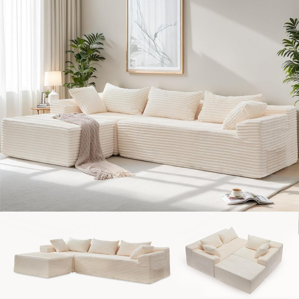 Korser 110' L-Shaped Modular Sectional Sofa with Chaise, Boneless Comfy Corduroy Fluffy Couch with Deep Seat and Side Pockets, Flexible Module Combination for Living Room, No Assembly, Side Pockets
