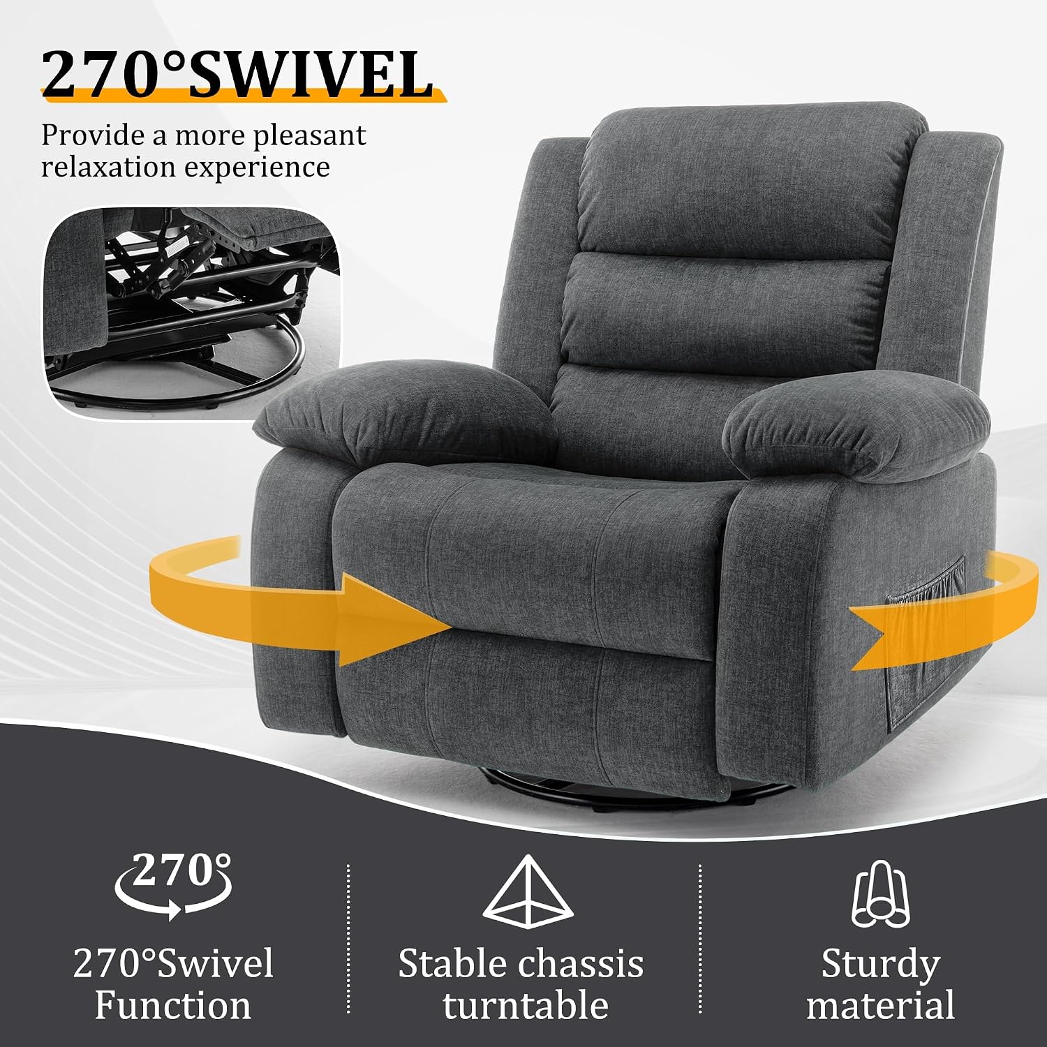 Korser Power Recliner Chair, Electric Rocker Recliner with Massage and Heat, 270° Swivel Glider, Oversized Wide Seat with USB Port, Cashmere Nursery Chair for Living Room, Grey