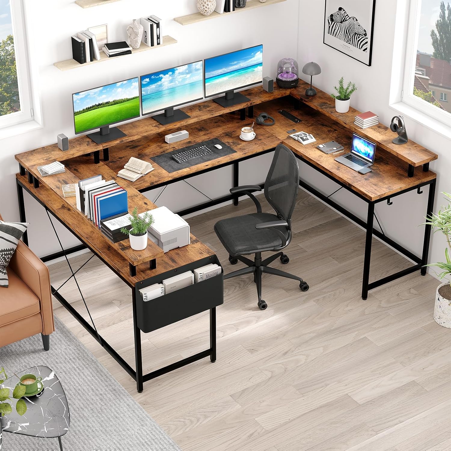 126' U Shaped Gaming Desk, Power Outlets & USB Ports, Reversible Corner Computer Desk with Monitor Stand, RGB LED Lights, Storage Shelves & Bag, Gaming Desk for Home Office, Tiger Stripes, Rustic Brow