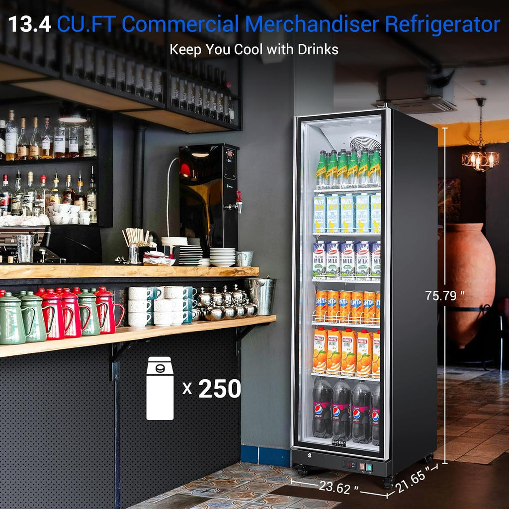 BODEGACOOLER Commercial Beverage Refrigerator with Glass Door,12.5 Cu.Ft Commercial Drink Refrigerator,Upright Large Display Merchandiser Beverage Bar Cooler with Soft LED Light,Adjustable Shelves
