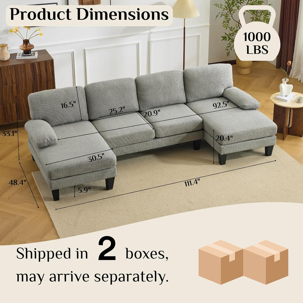 Karl home 110' U-Shape Sectional Couches for Living Room Chenille Upholstery 4 Seat Sofa Set with Double Chaises & Wood Grain Legs for Apartment, Dust Grey