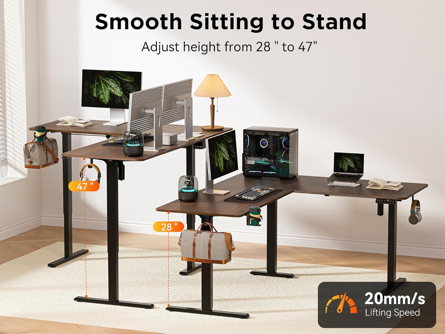 WALKINGDESK 55X45 Inches Reversible L Shaped Standing Desk Height Adjustable with Cup Holder, Electric Corner Computer Desk, Sit Stand up Home Office Desk, Ergonomic Gaming Desk, Black Walnut