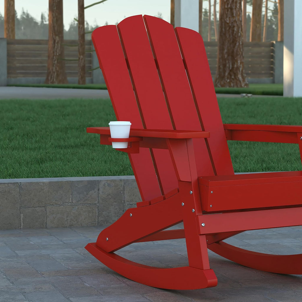 EMMA + OLIVER Tiverton Adirondack Rocking Chair with Cup Holder, Weather Resistant Poly Resin Adirondack Rocking Chair, Red