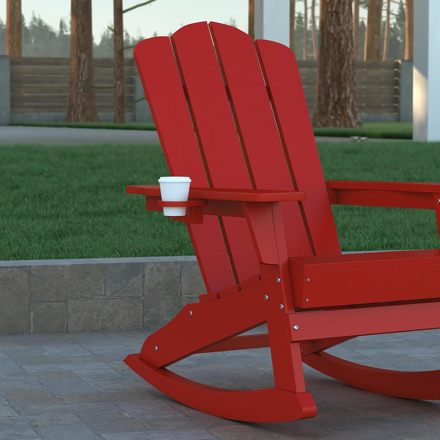 EMMA + OLIVER Tiverton Adirondack Rocking Chair with Cup Holder, Weather Resistant Poly Resin Adirondack Rocking Chair, Red