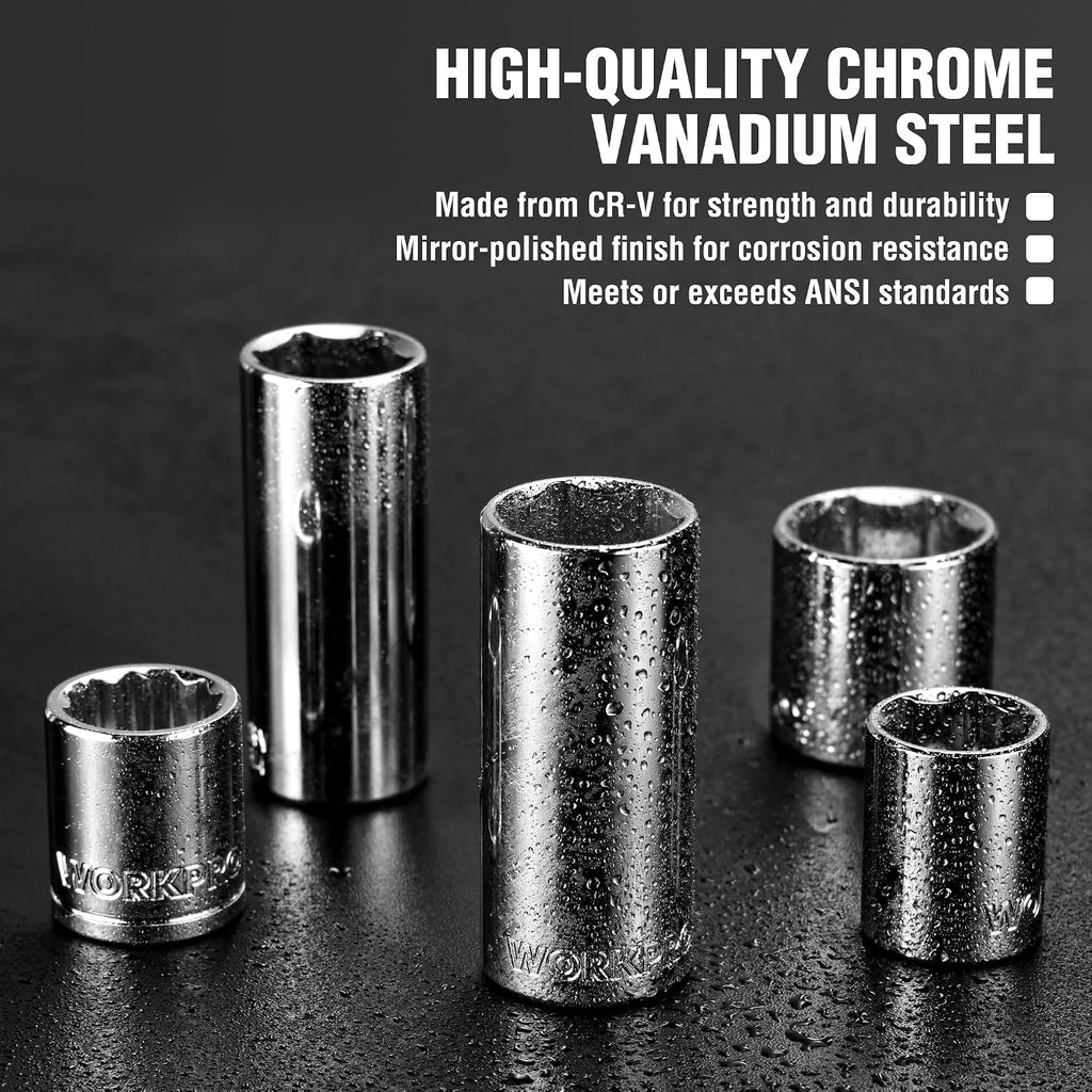 WORKPRO 450-Piece Drive Socket Set 1/2' 1/4' 3/8', CR-V Metric and Imperial with Quick-Release Ratchet Wrench, Spanners, Bits Set, Mechanics Tool for Car Repair