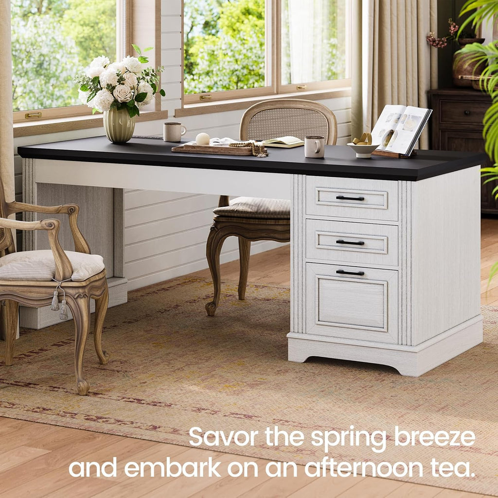 Itaar Farmhouse 55' Executive Desk, Computer Desk with Storage Drawers and Power Outlet, Home Office Desk, Workstation for Office Home, White
