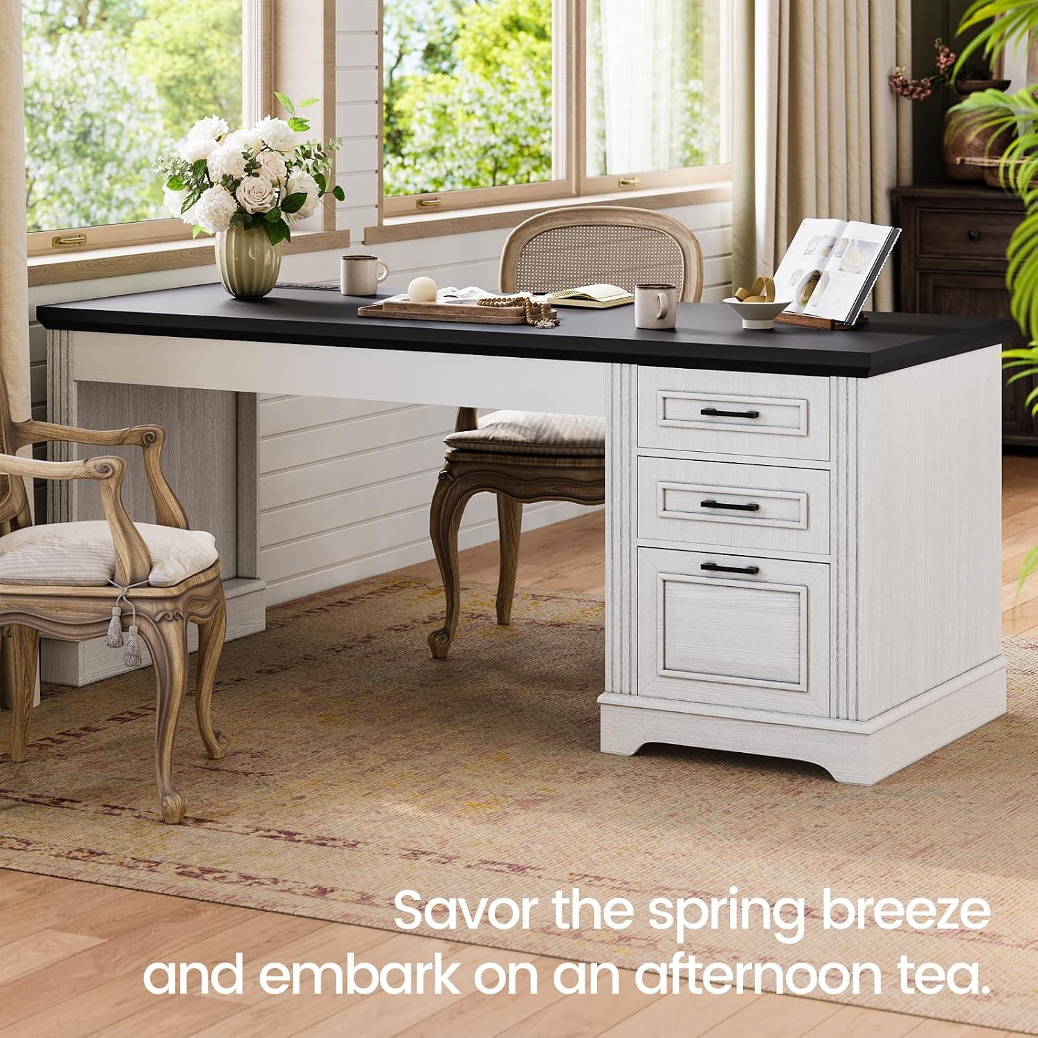 Itaar Farmhouse 55' Executive Desk, Computer Desk with Storage Drawers and Power Outlet, Home Office Desk, Workstation for Office Home, White