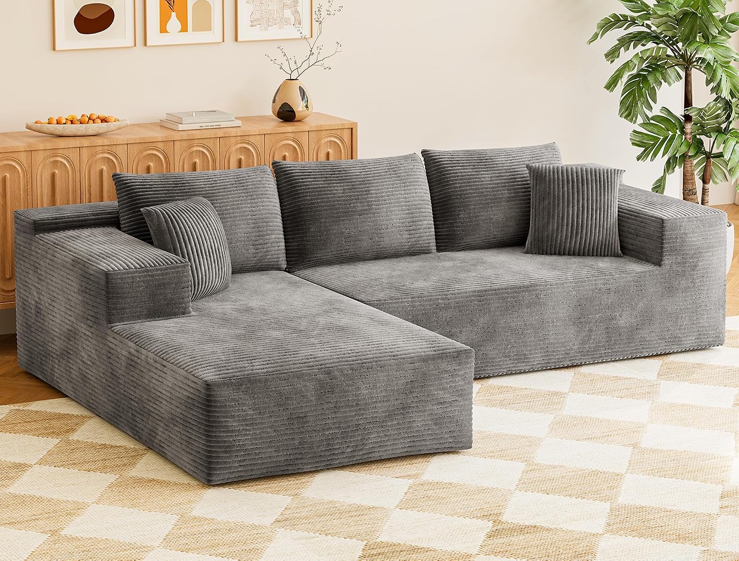 VICTONE 108' Cloud Sectional Couches, Boneless Couch Modular L-Shaped Sofa with Deep Seat, Modern Comfort Upholstered Sofas for Living Room, No Assembly Required (Corduroy, Grey)