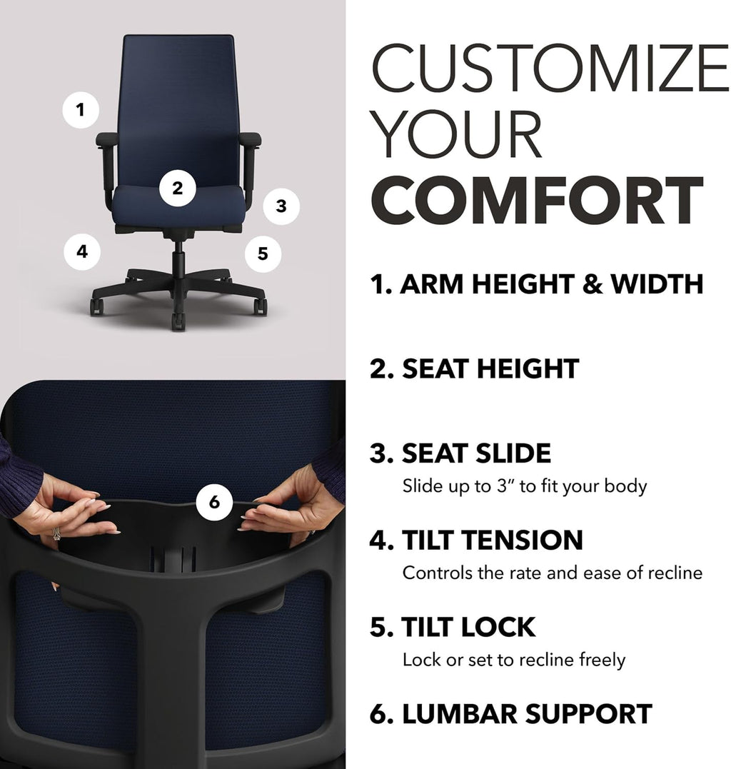HON Ignition 2.0 Mid Back Task Chair, Spectrum Mesh, Advanced Synchro-Tilt Control, Office Chair with Lumbar Support, Height and Width Adjustable Arms, Black Frame, Blueberry