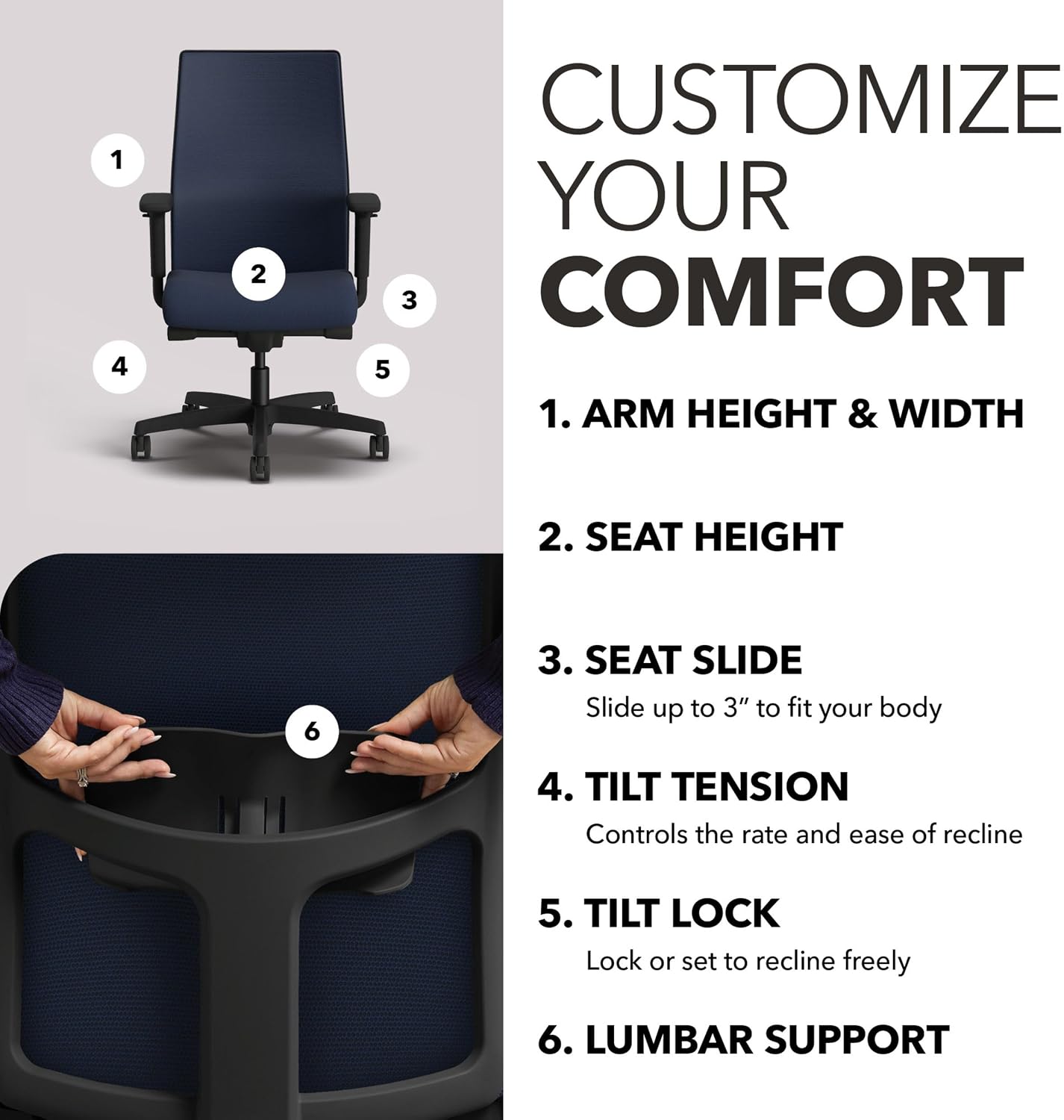 HON Ignition 2.0 Mid Back Task Chair, Spectrum Mesh, Advanced Synchro-Tilt Control, Office Chair with Lumbar Support, Height and Width Adjustable Arms, Black Frame, Blueberry