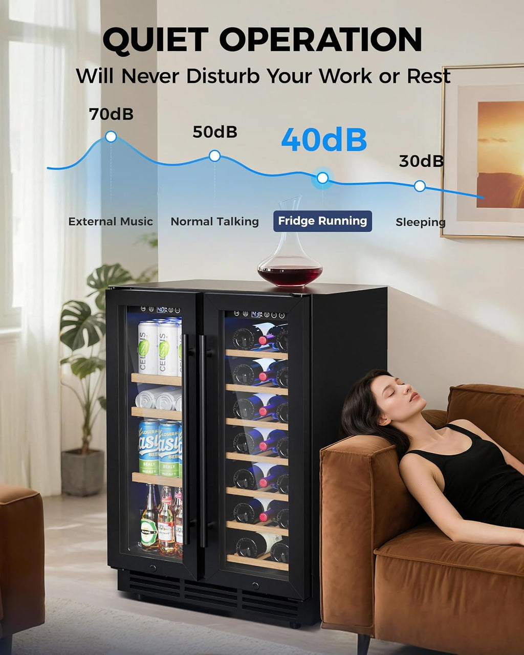 Wine and Beverage Refrigerator, 24 Inch Beverage Refrigerator with Glass Door, Wine Fridge Holds 20 Bottles & 60 Cans, Under Counter Refrigerator with Quiet Cooling System & LED Light