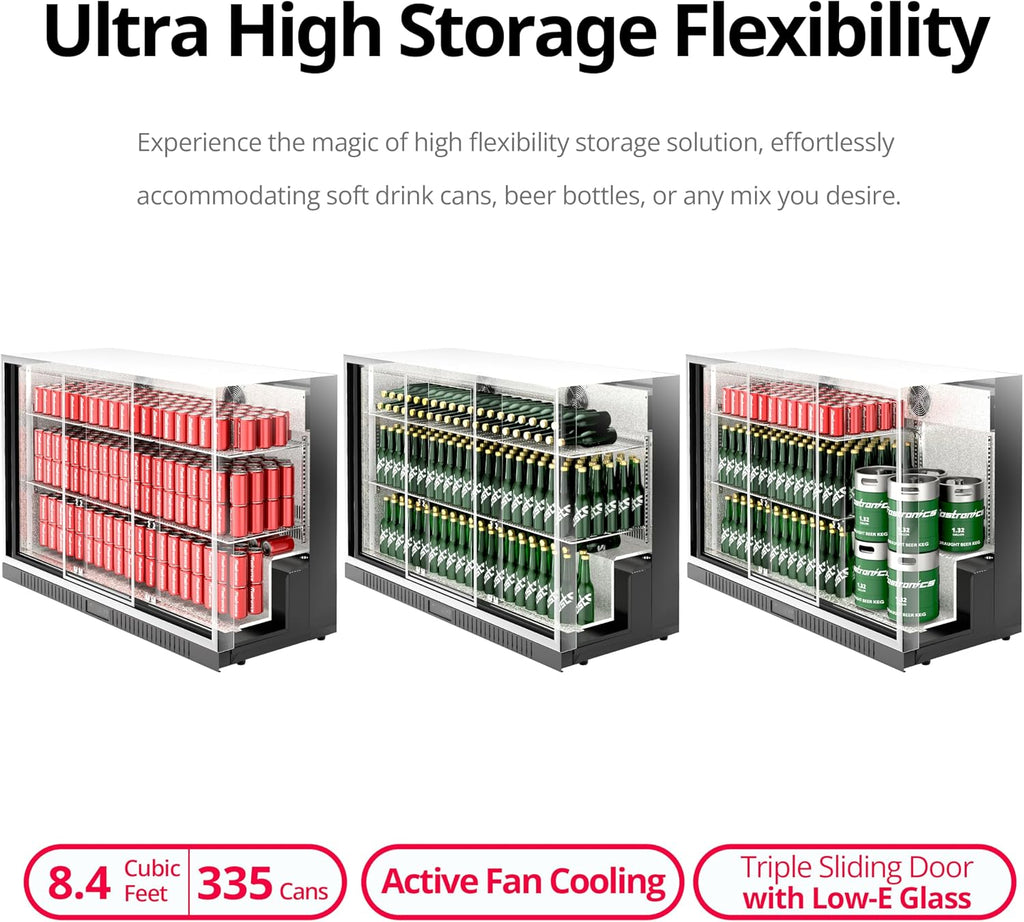 54 in. 335 cans Triple Sliding Door Back Bar Beverage Cooler, 10.8 cu. ft. Under Counter Glass Door Bar Fridge, lockable, 32-50°F Display Refrigerator, ETL & NSF7 Certified