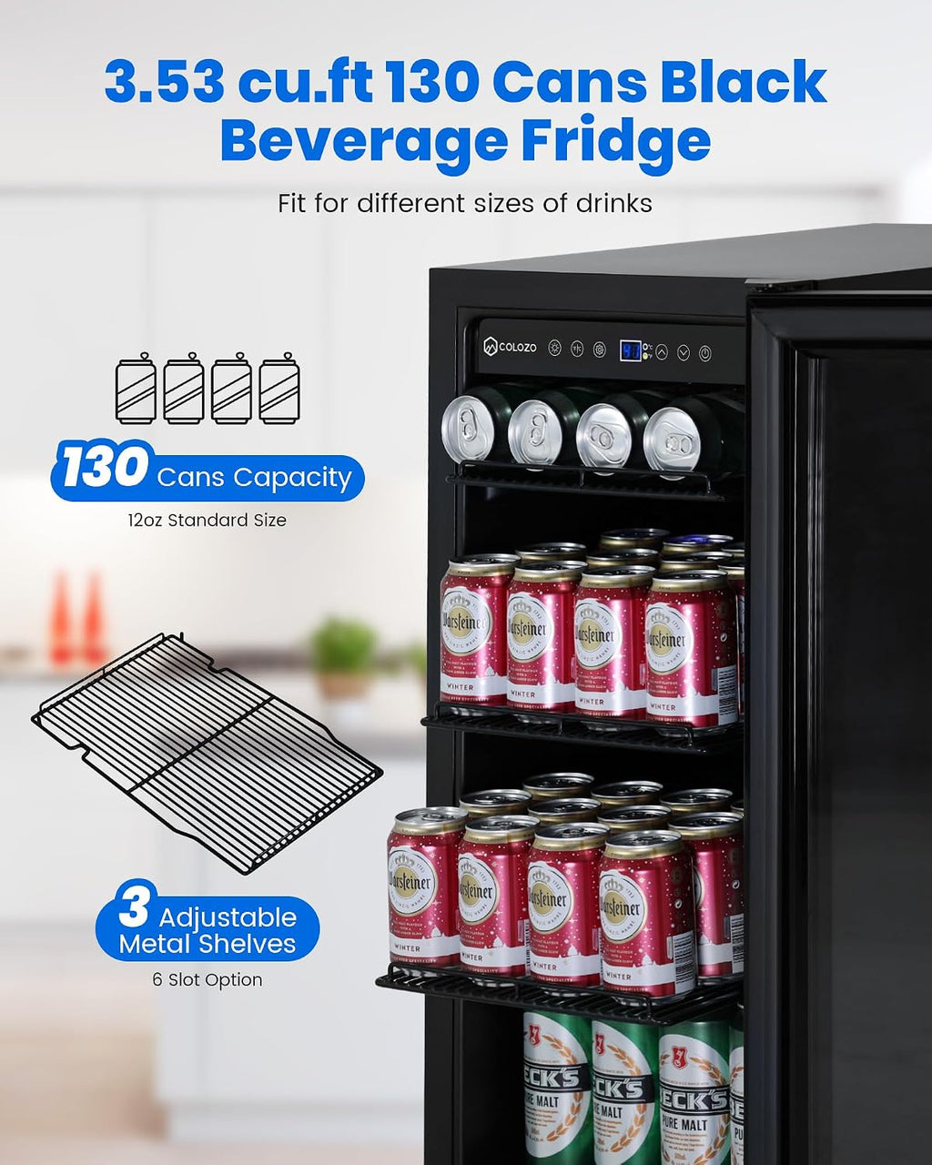 15 Inch Black Beverage Refrigerator Under Counter, 130 Cans Built-in/Freestanding Beverage Cooler, Mini Bar Fridge with Double Tempered Glass Door&Lock, Beverage Fridge for Drink Beer Soda Wine