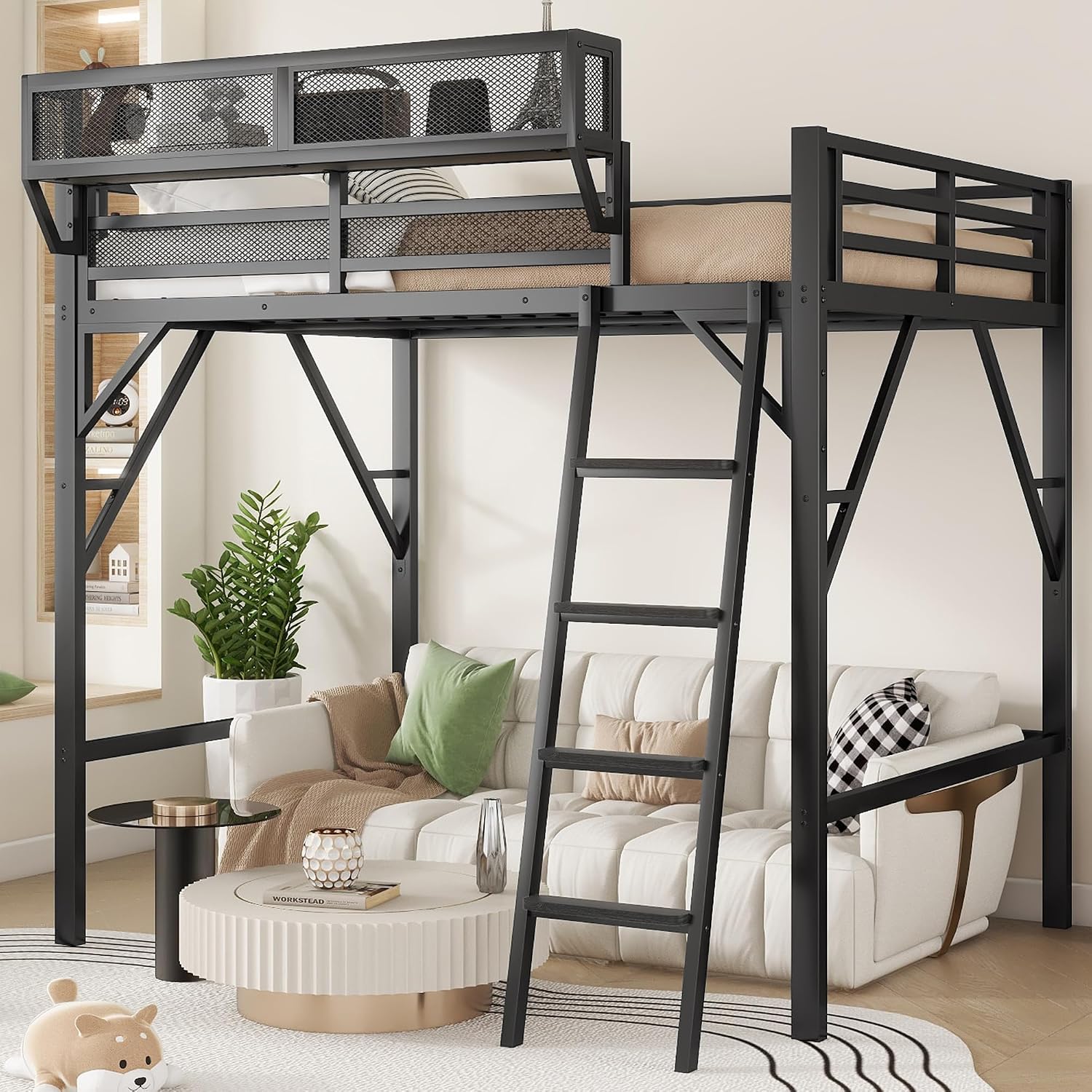 Mirightone Full Size Loft Bed with Storage, Metal Loft Beds with Upper Shelf, High Loft Bed Frame with Ladder, Lofted Full Bed for Kids and Teens, No Box Spring Needed (Black)