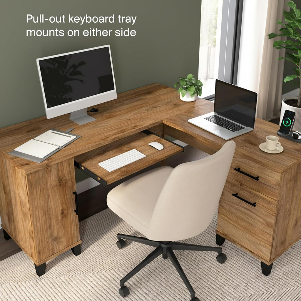Bush Home 60-Inch L-Shaped Desk with Storage, Corner Computer Office Desk with Drawers and Storage Cabinet, Home Office Furniture, Somerset Collection, Fresh Walnut