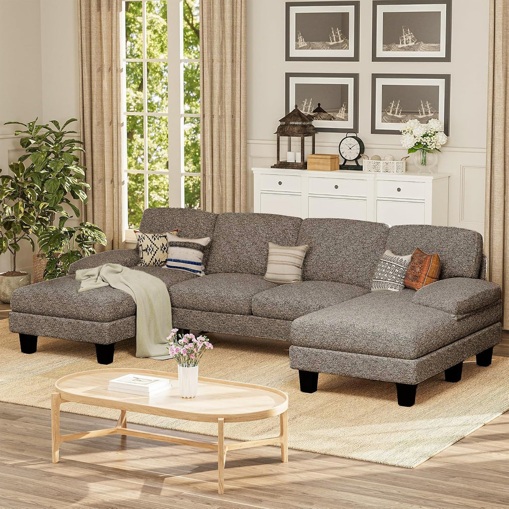 Furmax Sectional Couches for Living Room, U-Shaped Sofa Couch with Linen Fabric, 4 Seat Sofa Set with Double Chaise for Apartment (Loop Yarn, Pearl Gray)