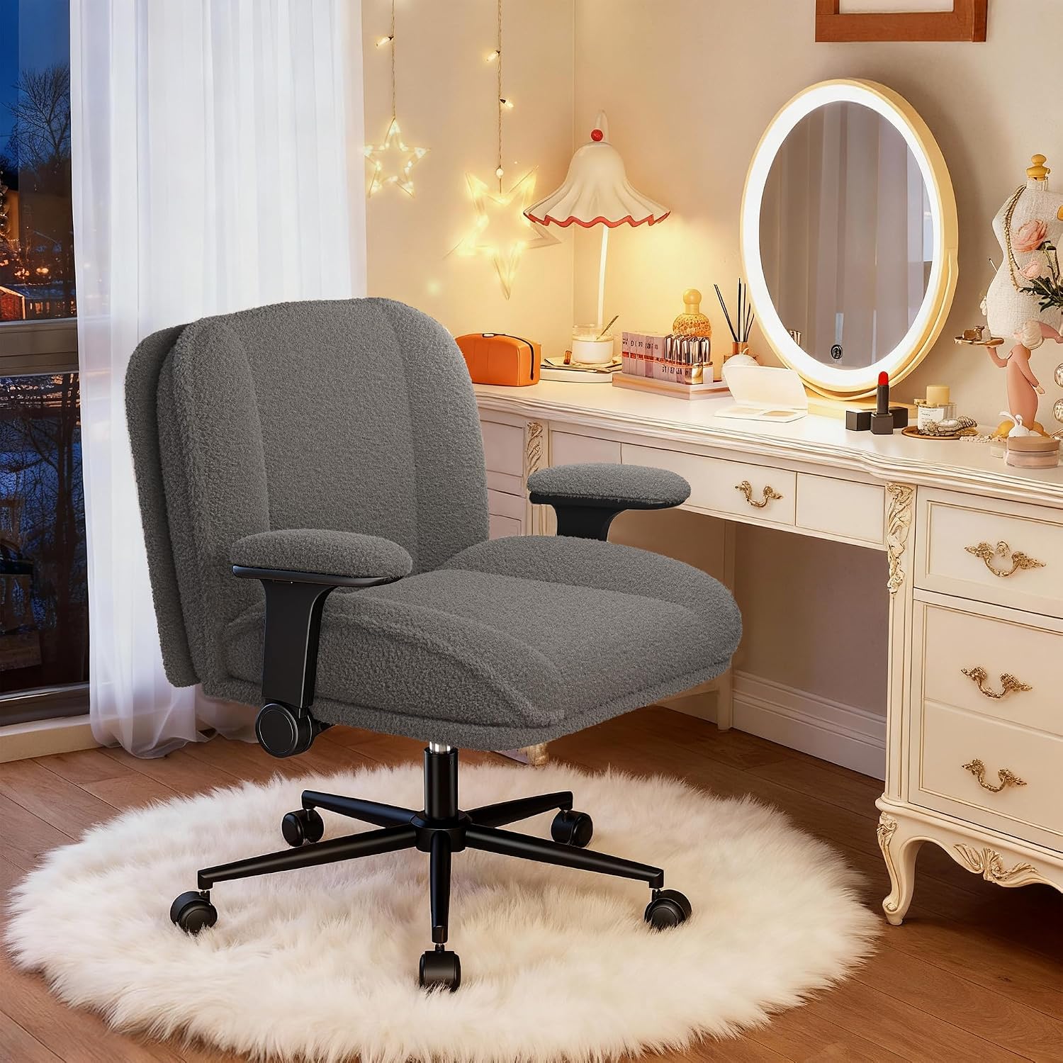 DurayLoly Criss Cross Chair with Wheels,Flip Up Arms,Wide Seat,Teddy Fleece,Adjustable Height,Cross Legged Desk Chair for Bedroom,Dorm,Home Office,Grey