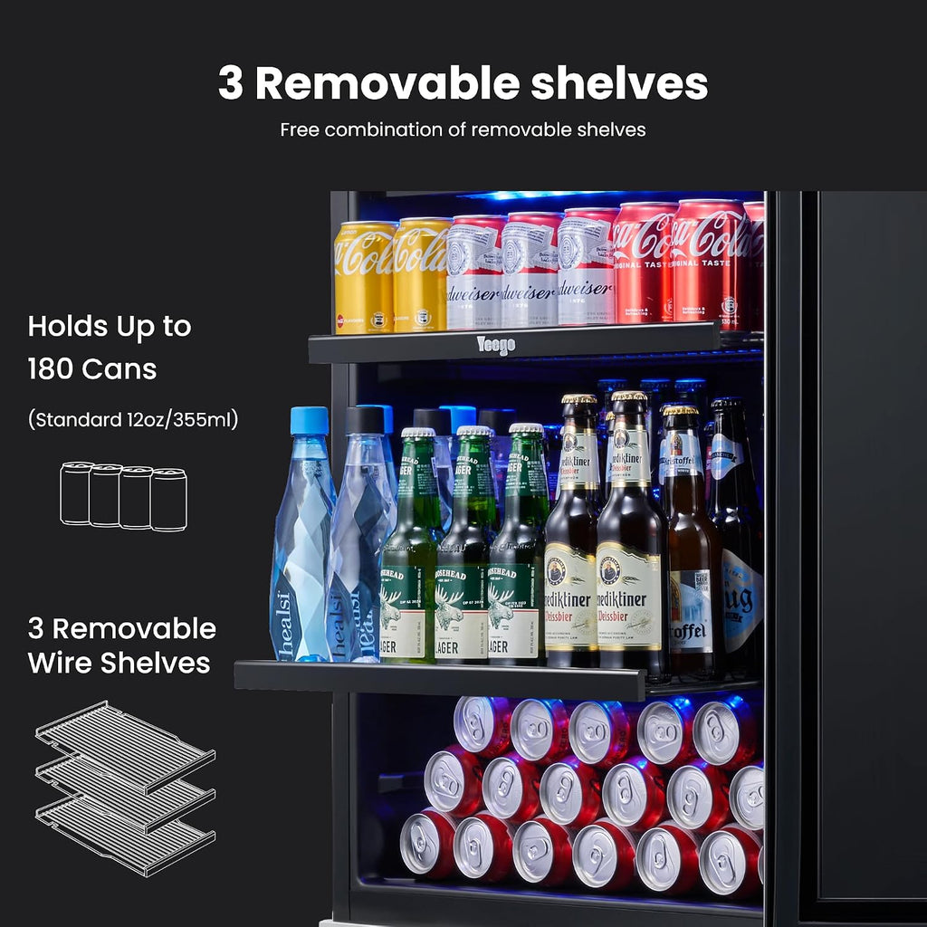 Yeego Beverage-Refrigerator, 24 Inch Beer Cooler Built-in or Freestanding,180 Cans Beverage Cooler with Glass Door，Mini-Fridge for Bottles and Cans Beer/Soda/Water/Wine(Left-Hinged)