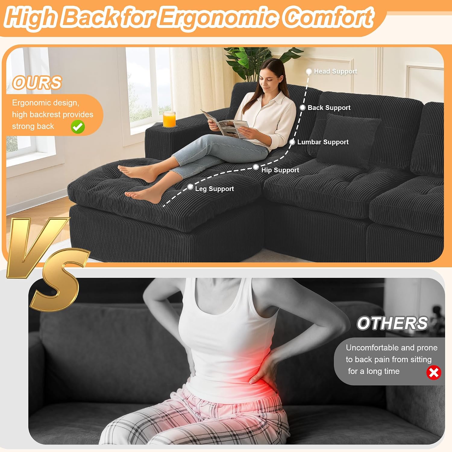 108 inch Boneless L Shaped Modular Sofa Bed, 50' Deep Seat Corduroy Sectional Couch with Ottoman No Assembly, 1400lbs Capacity Cloud Sleeper for Living Room Apartment (Matte Black)