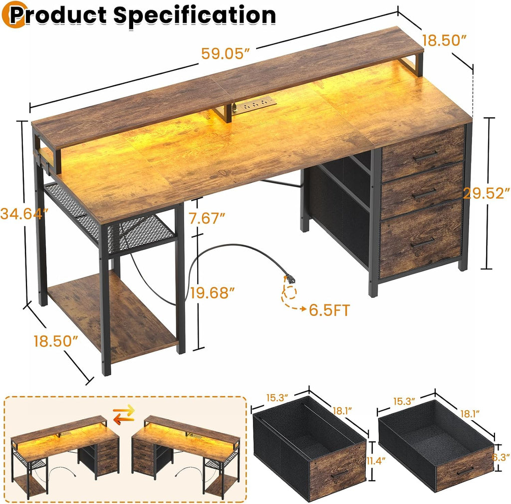 Aheaplus Gaming Desk with LED Lights and Power Outlets, 59 inch Home Office Computer Desk with Fabric File Drawers, Reversible Work Desks with Monitor Stand and Storage Shelves, Rustic Brown