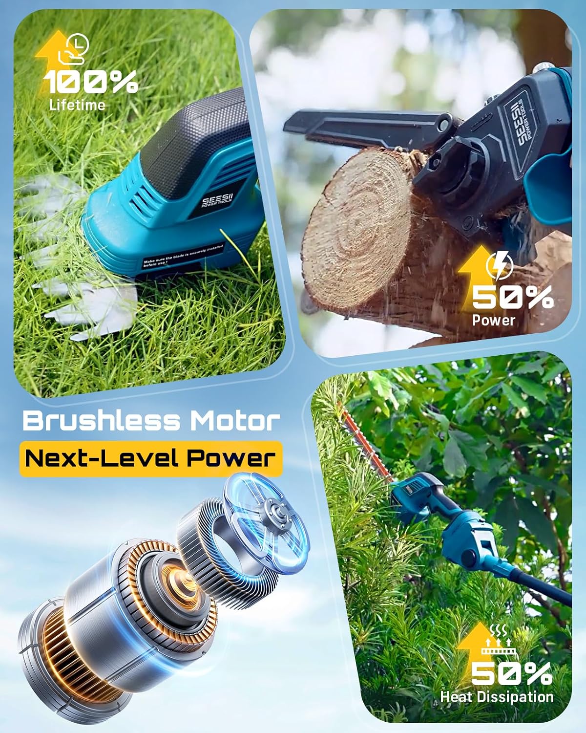 SEESII 6-in-1 Cordless Pole Saw & Hedge Trimmer Combo, Electric Mini Chainsaw with 2×4.0 Ah Batteries, Extendable Tree Pruner, Bush Trimmer Limb Branch Cutter, Grass Shears, 15Ft Long Reach
