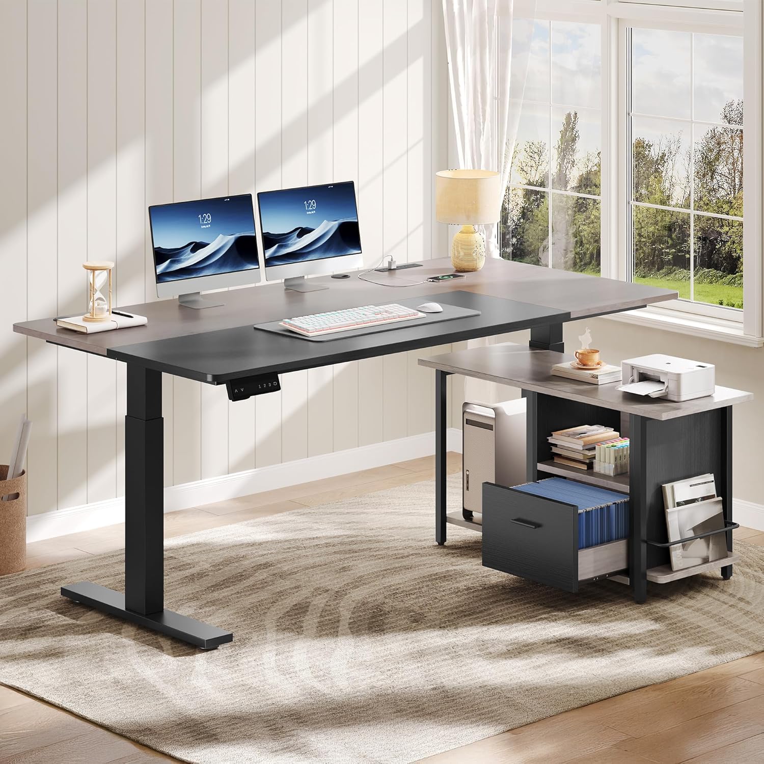 YITAHOME L Shaped Standing Desk with Power Outlets, 70.1' Electric Standing Desk Adjustable Height Sit Stand Corner Standing Desks Executive Desk with Drawers & Shelves, Grey + Black