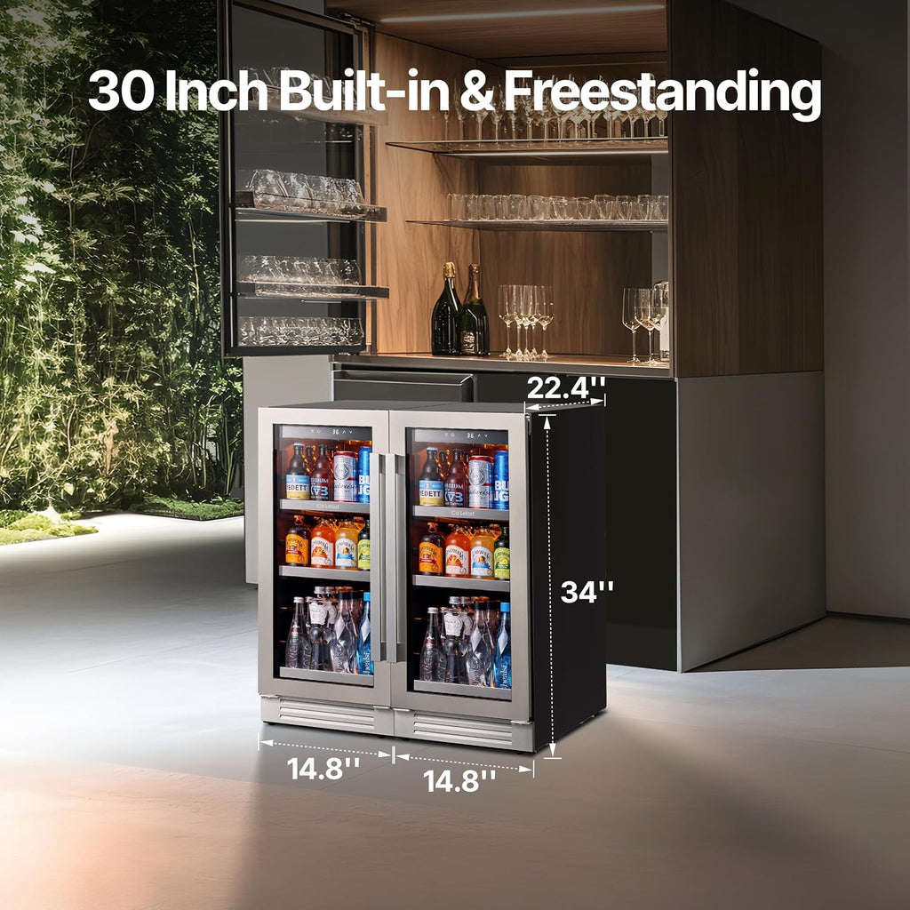 Ca'Lefort Beverage Refrigerator 30 Inch, 200 Cans Mini Fridge with Double Glass Door, Built-in or Freestanding Drink Cooler with Amber LED Light, Beverage Fridge for Kitchen Bar Office(6.0 Cu.ft)