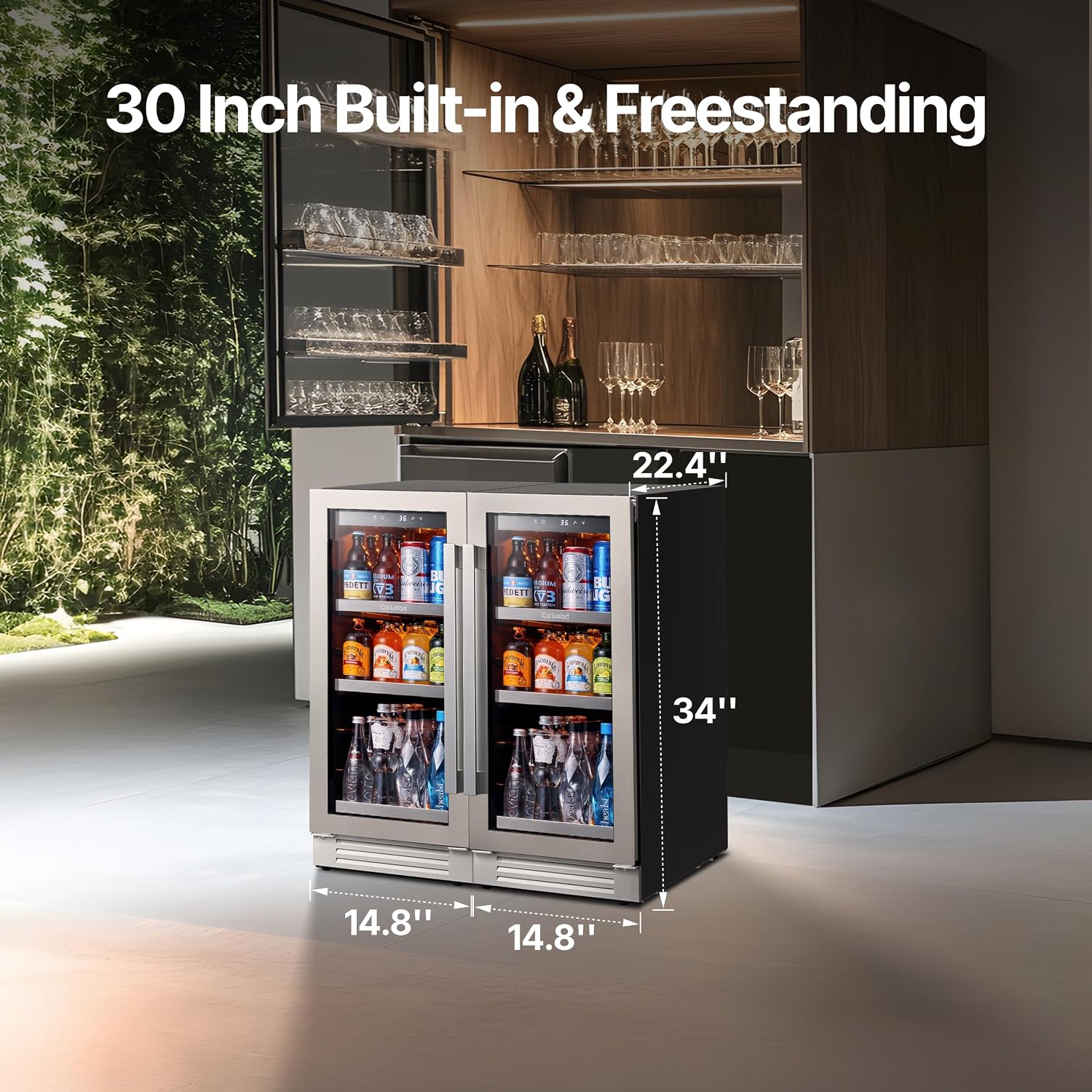 Ca'Lefort Beverage Refrigerator 30 Inch, 200 Cans Mini Fridge with Double Glass Door, Built-in or Freestanding Drink Cooler with Amber LED Light, Beverage Fridge for Kitchen Bar Office(6.0 Cu.ft)
