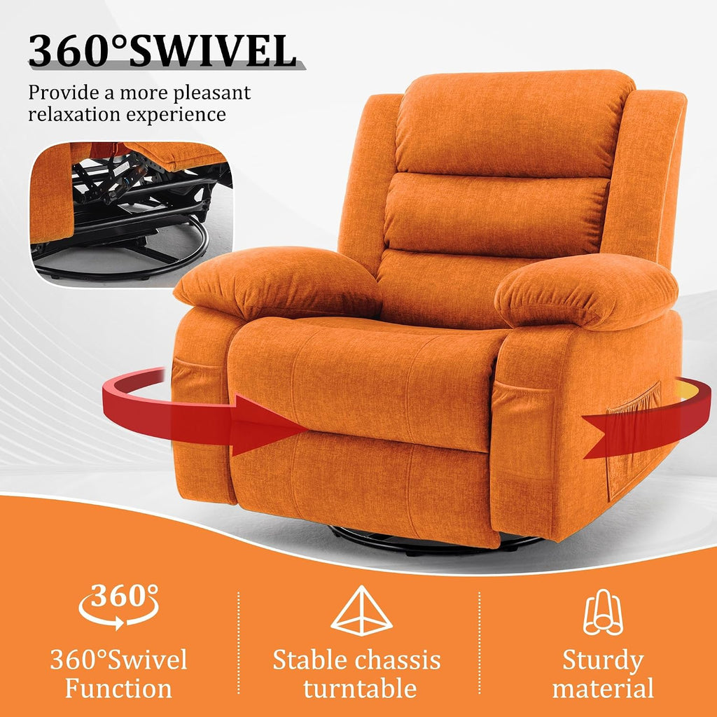 Korser Recliner Chair, Wide Rocker Chair, Rocking Chair with Massage and Heat,360°Swivel Nursery Rocking Chairs, Oversized Recliner for Adults, Cashmere Reclining Sofa for Living Room, Orange