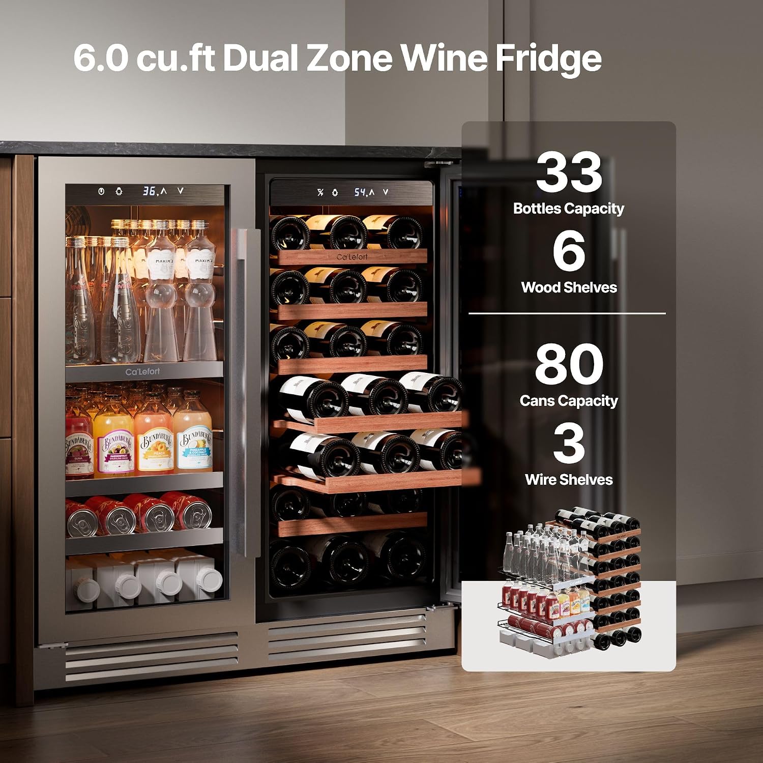 Ca'Lefort 30 Inch Wine and Beverage Refrigerator, Dual Zone 36-72°F Temp Control, Holds 80 Can & 33 Bottle, Adjustable Shelves & 3 LED Light, Built-in Under Counter Freestanding for Home/Kitchen/Bar