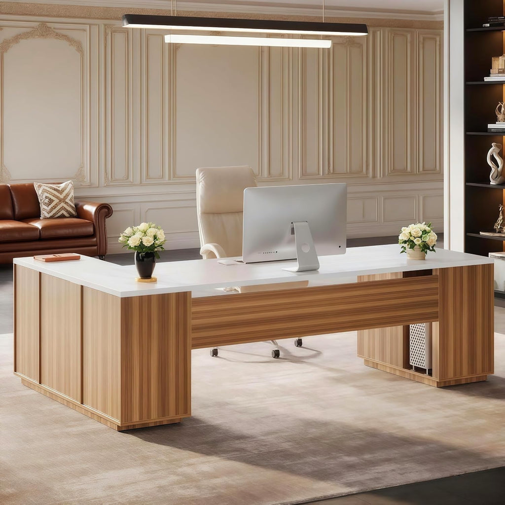 Tribesigns 85.8' L-Shaped Executive Desk, Extra Large Office Desk with File Drawers, Modern Business Furniture, Computer Desk Workstation with Door Cabinet, Shelves for Home Office, White & Brown