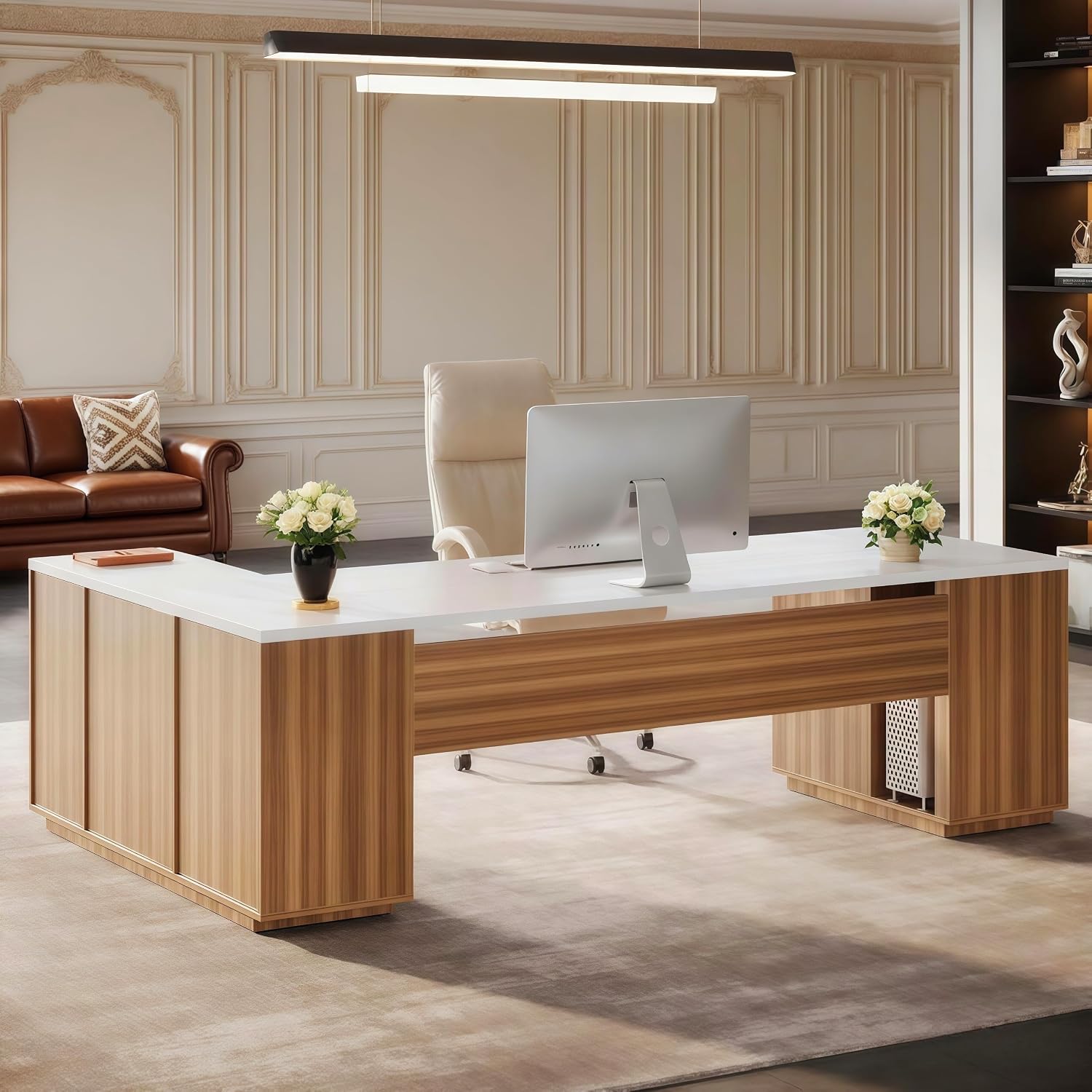 Tribesigns 85.8' L-Shaped Executive Desk, Extra Large Office Desk with File Drawers, Modern Business Furniture, Computer Desk Workstation with Door Cabinet, Shelves for Home Office, White & Brown