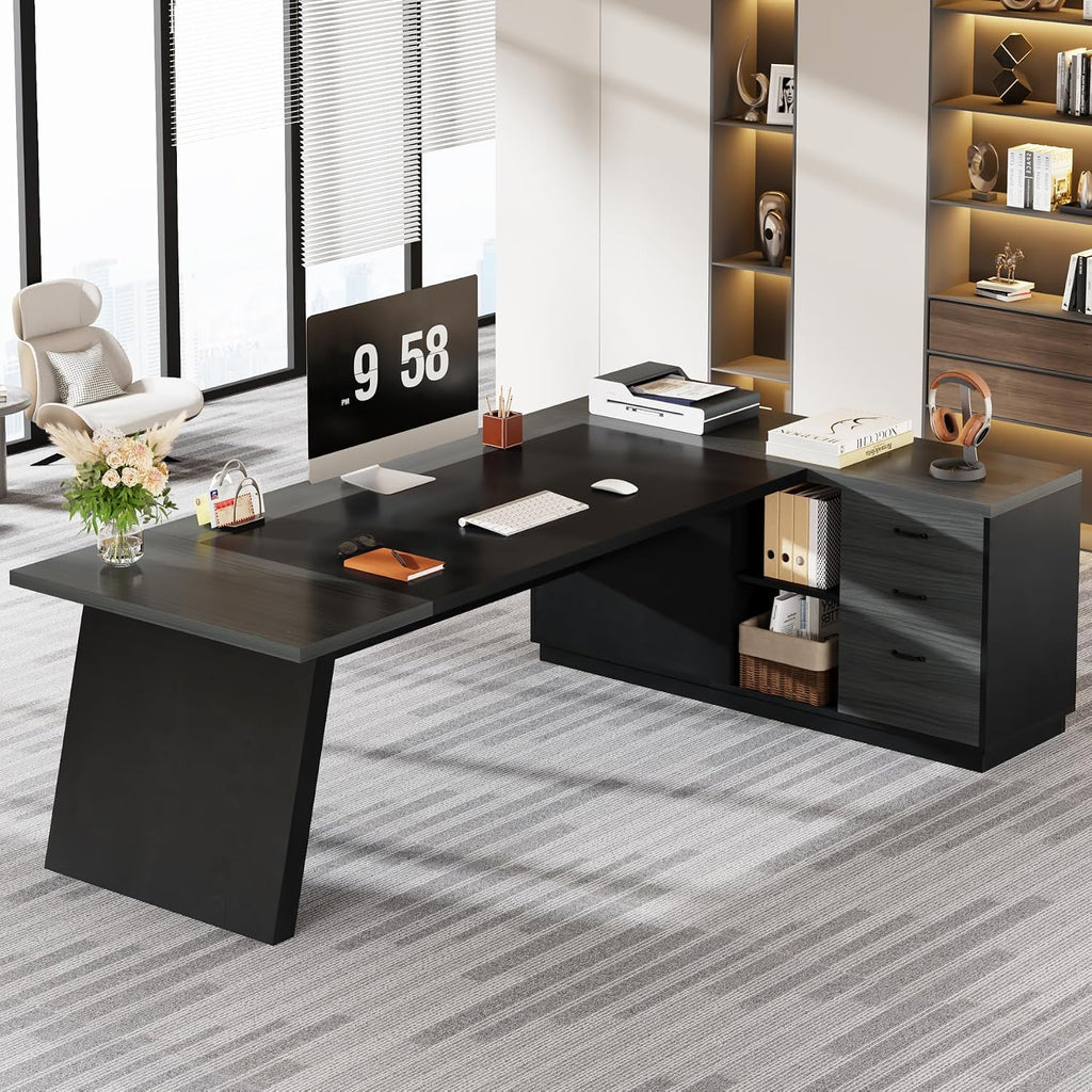 Tribesigns L-Shaped Executive Desk, 78-Inch Modern Office Desk with Drawers and Lateral File Cabinet, Large Bussiness Furniture with Storage Shelves, Workstation for Home Office (Grey + Black)