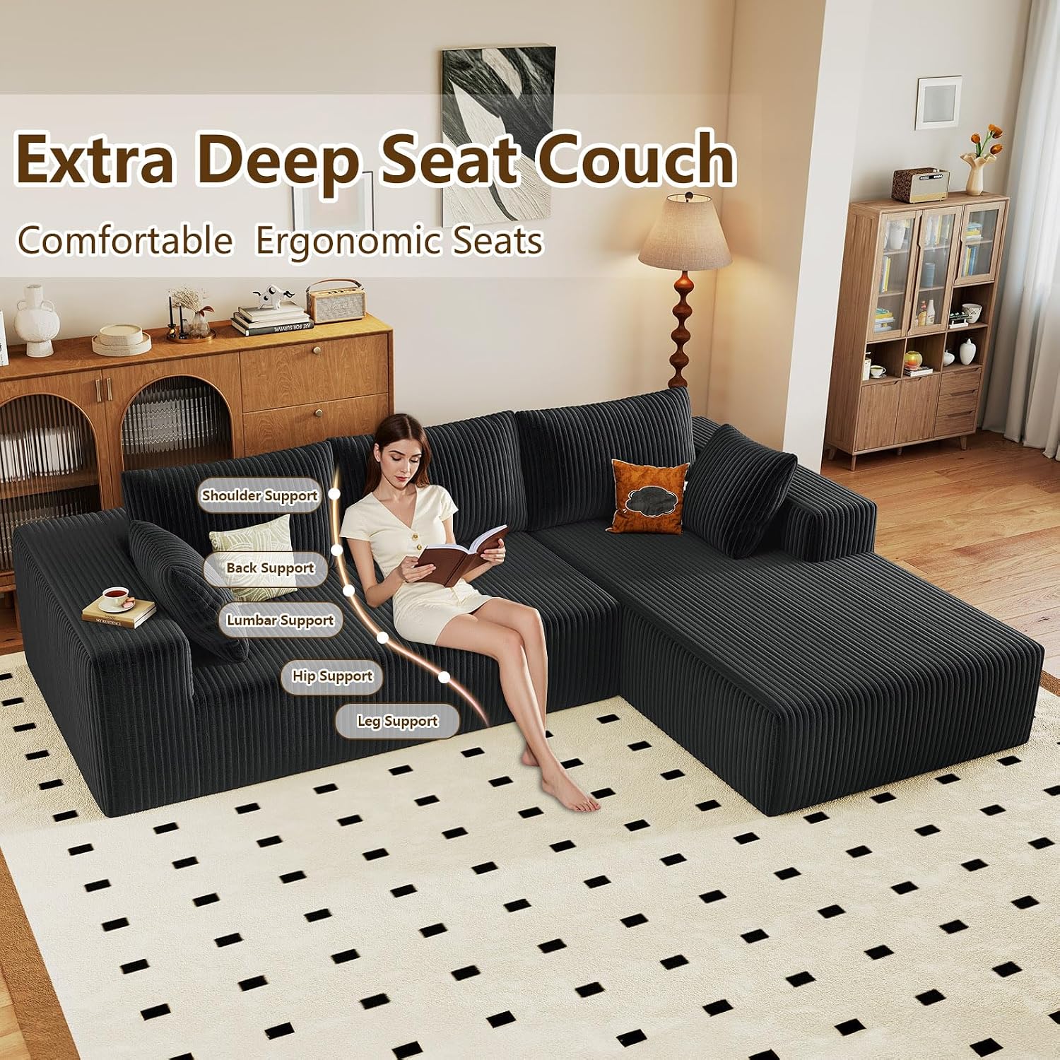 96' Modular Sectional Couch, Boneless L Shaped Cloud Sofa with Chaise Lounge, Corduroy Upholstered Couches Memory Foam Deep Seat, No Assembly Required, Ideal for Living Room(Black, Right Facing)