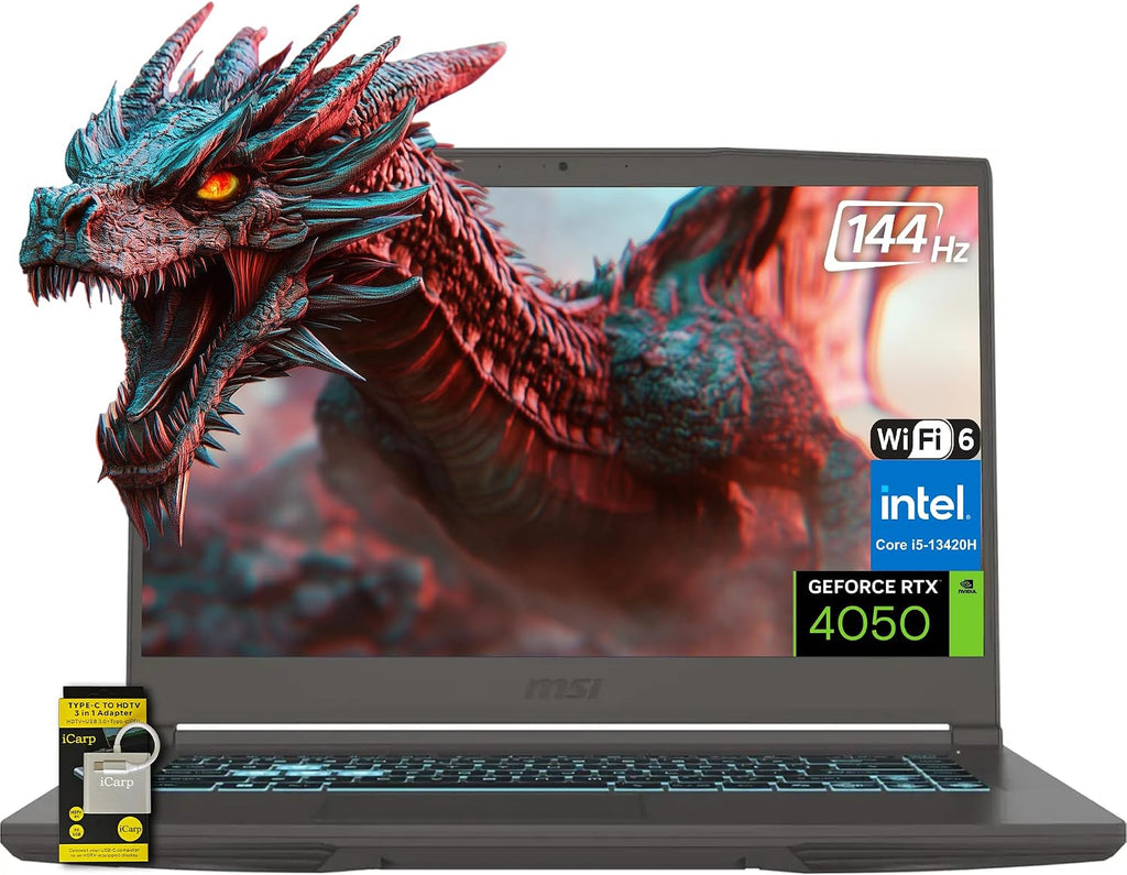 msi Thin 15.6' FHD 144Hz IPS Gaming Laptop, 13th Gen Intel Core i5-13420H, NVIDIA GeForce RTX 4050, 16GB RAM, 512GB SSD, WiFi 6, Backlit Keyboard, Cooler Boost, Windows 11 w/ICP Hub