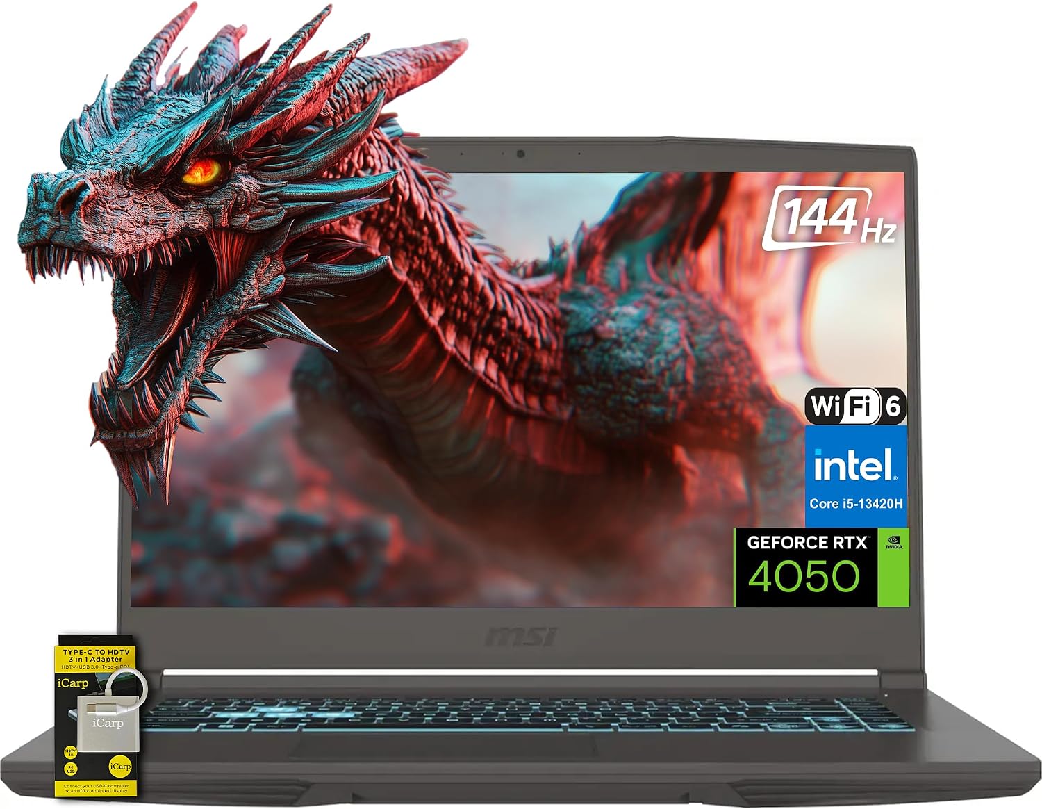 msi Thin 15.6' FHD 144Hz IPS Gaming Laptop, 13th Gen Intel Core i5-13420H, NVIDIA GeForce RTX 4050, 16GB RAM, 512GB SSD, WiFi 6, Backlit Keyboard, Cooler Boost, Windows 11 w/ICP Hub