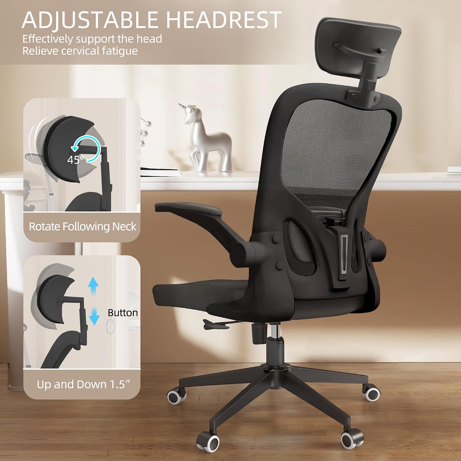 Monhey Black Office Chair, Ergonomic Office Chair, Home Office Desk Chair for Big and Tall People, Computer Chair with Adjustable Headrest, Lumbar Support, Flip-Up Arms, PU Wheels