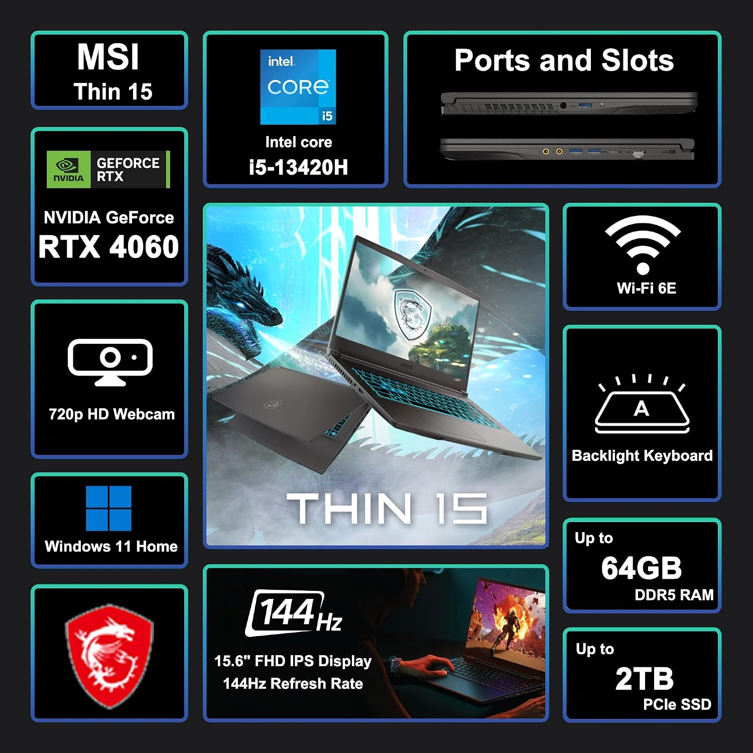 msi Thin 15 Gaming Laptop 15.6' FHD IPS 144Hz Intel 8-core i5-13420H (>i7-12650H) 16GB DDR4 1TB SSD GeForce RTX 4060 Backlit USB-C Win11 w/ICP Hub