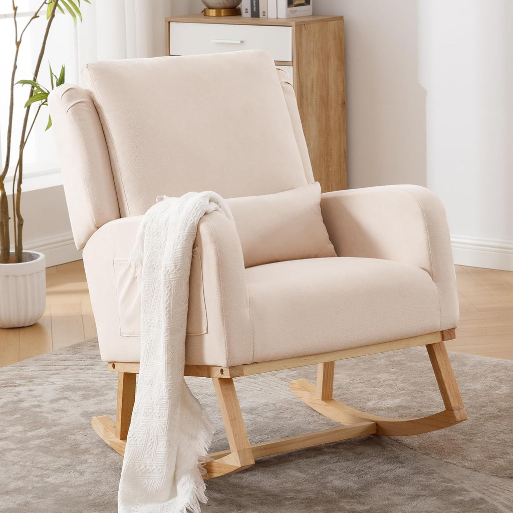 HCHAIRH Rocking Chair Nursery, Nursing Rocking Chairs with Lumbar Pillow, Comfy Modern Nursery Glider Rocker Morden Accent Rocking Chair for Mom Nursery, Living Room, Bedroom, Beige