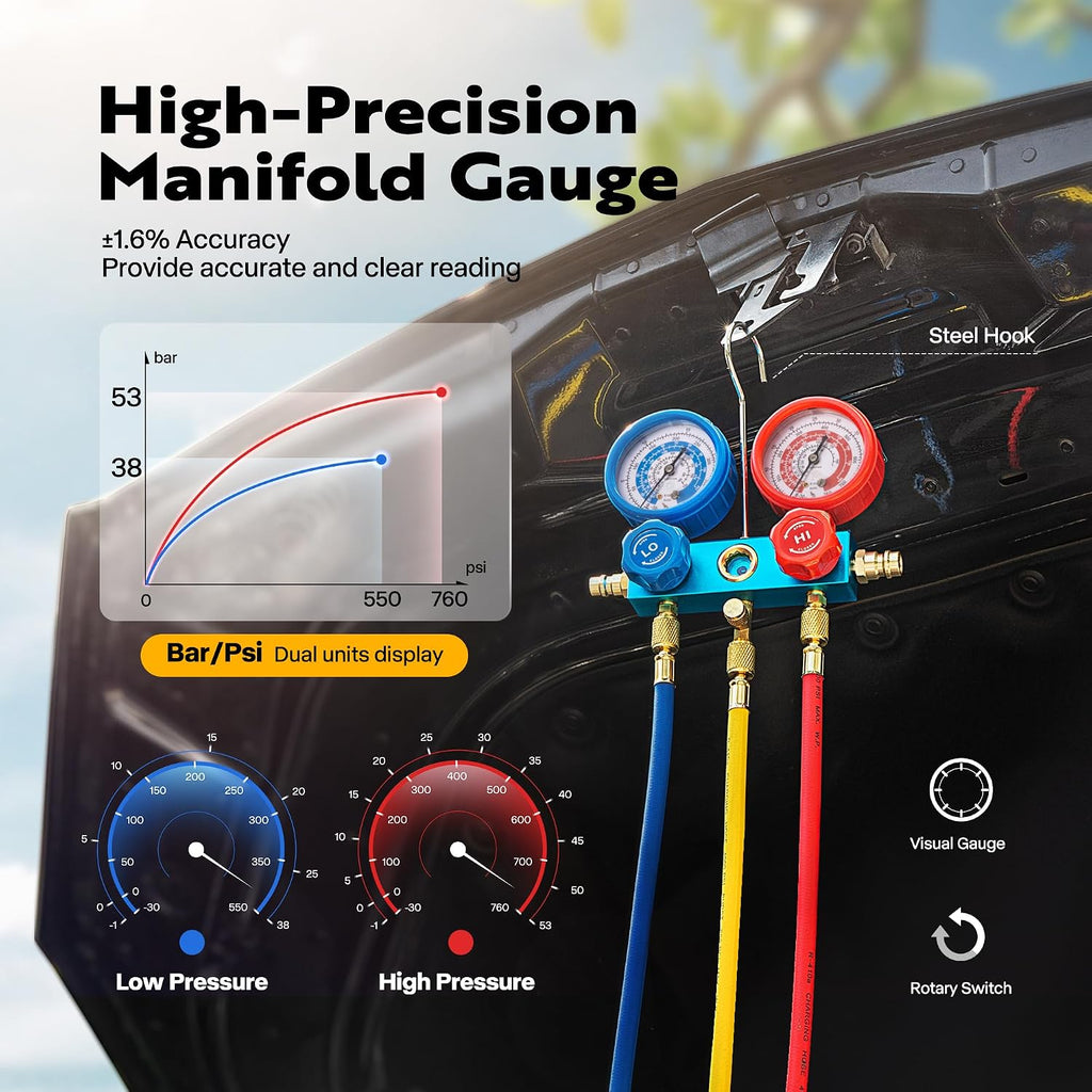 VIVOHOME 110V 1/4 HP 3.5CFM Single Stage Rotary Vane Air Vacuum Pump and AC Manifold Gauge Set Kit with Thermometer for R134a R12 R22 R502 R410a HVAC Air Conditioning Refrigeration Recharging