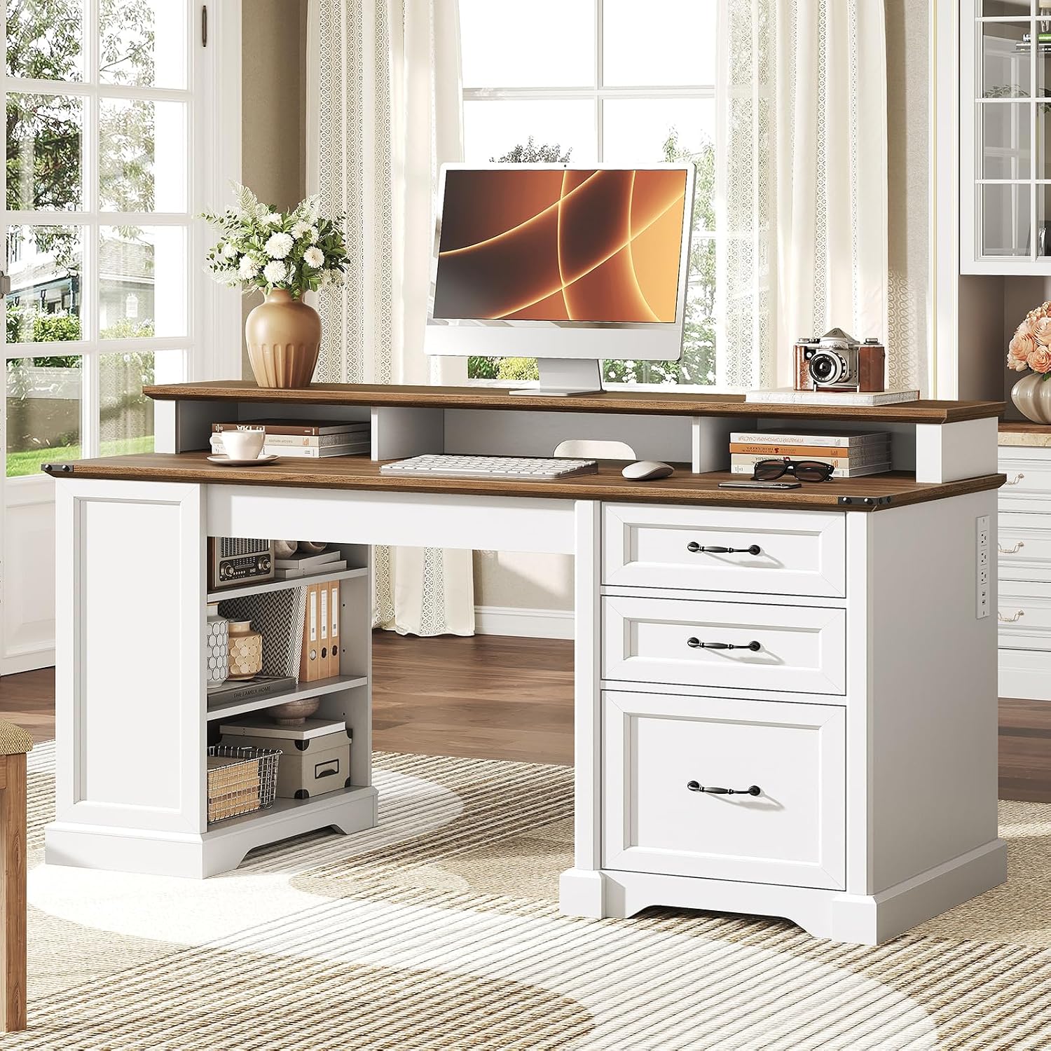 RALGEND 55'' Farmhouse Executive Desk with Drawers, Computer Desk with File Cabinet and Side Bookshelf, Writing Gaming Desk with Monitor Stand & Charging Station, White and Walnut