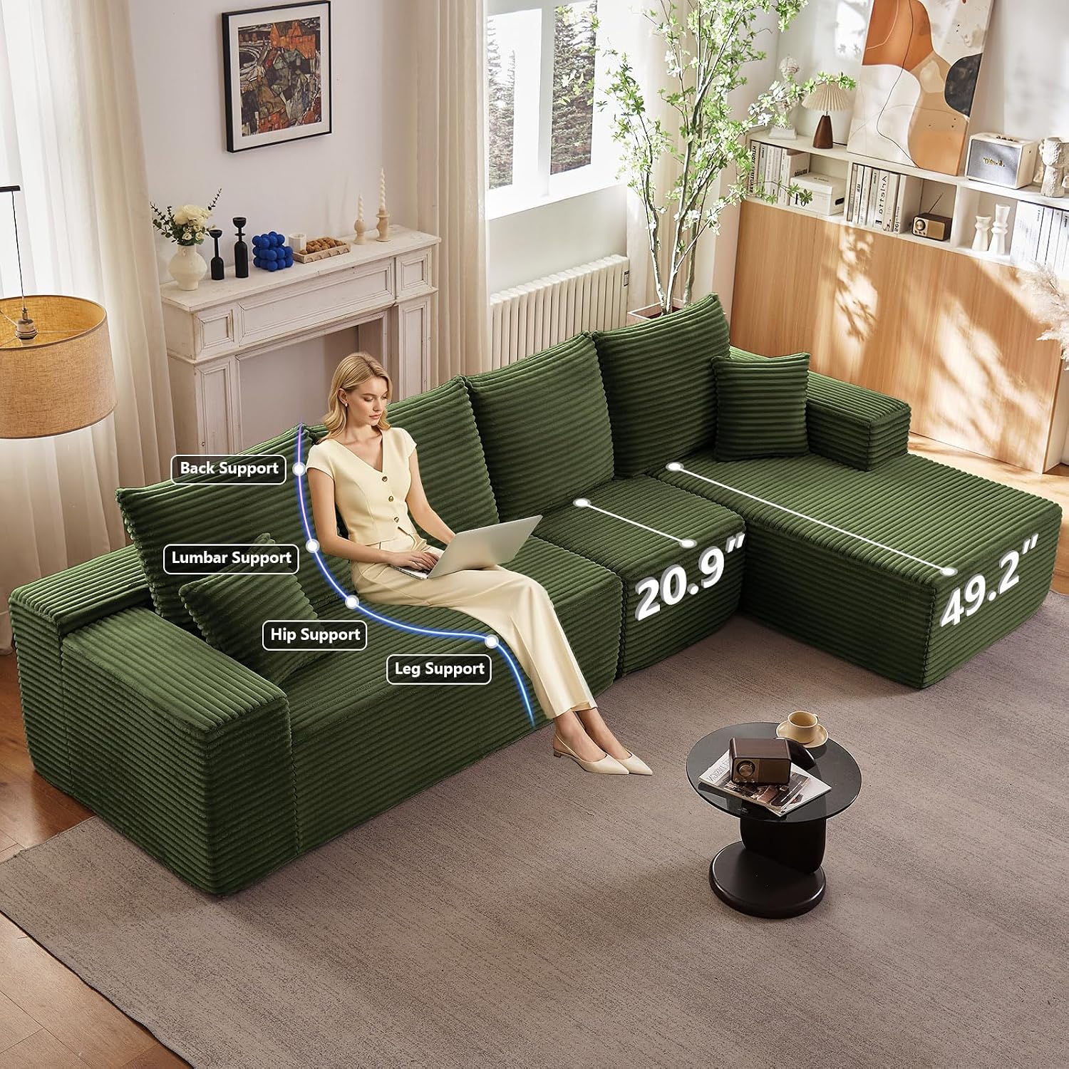135' Cloud Sectional Couch with L-Shape Chaise, Modern Modular Comfy Sofa Chaise Longue, Upholstered Corduroy Couches Sleeper with Deep Seat for Living Room Bedroom, No Assembly Required, Green